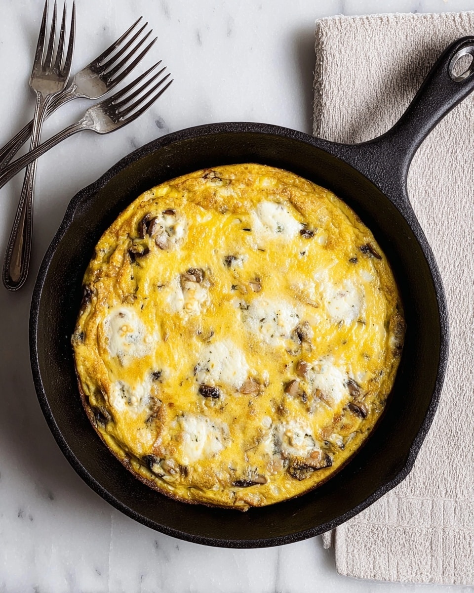 A cooked frittata inside a black cast iron skillet with a single handle, placed on a white marbled surface. The frittata has a golden yellow top layer with melted cheese that shows spots of white, creamy, melted cheese dollops spread evenly across the surface. The edges are slightly browned, with visible small chunks of vegetables or mushrooms embedded just under the top layer. To the upper left of the skillet, four silver forks slightly overlapping lie on the white marbled background. Photo taken with an iphone --ar 4:5 --v 7