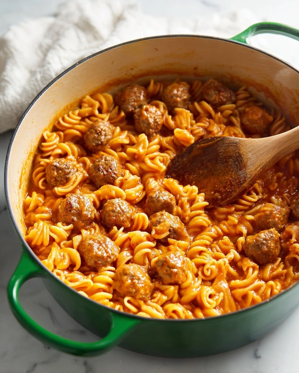 A large green pot holds a hearty dish of small meatballs and spiral ring pasta in a smooth, orange-red sauce. The pasta rings are thick and glossy, mixed evenly throughout the pot with the round, browned meatballs. A wooden spoon rests inside, partially submerged in the sauce, showing the texture and coating of the ingredients. The pot sits on a white marbled surface with a white cloth in the background. Photo taken with an iphone --ar 4:5 --v 7