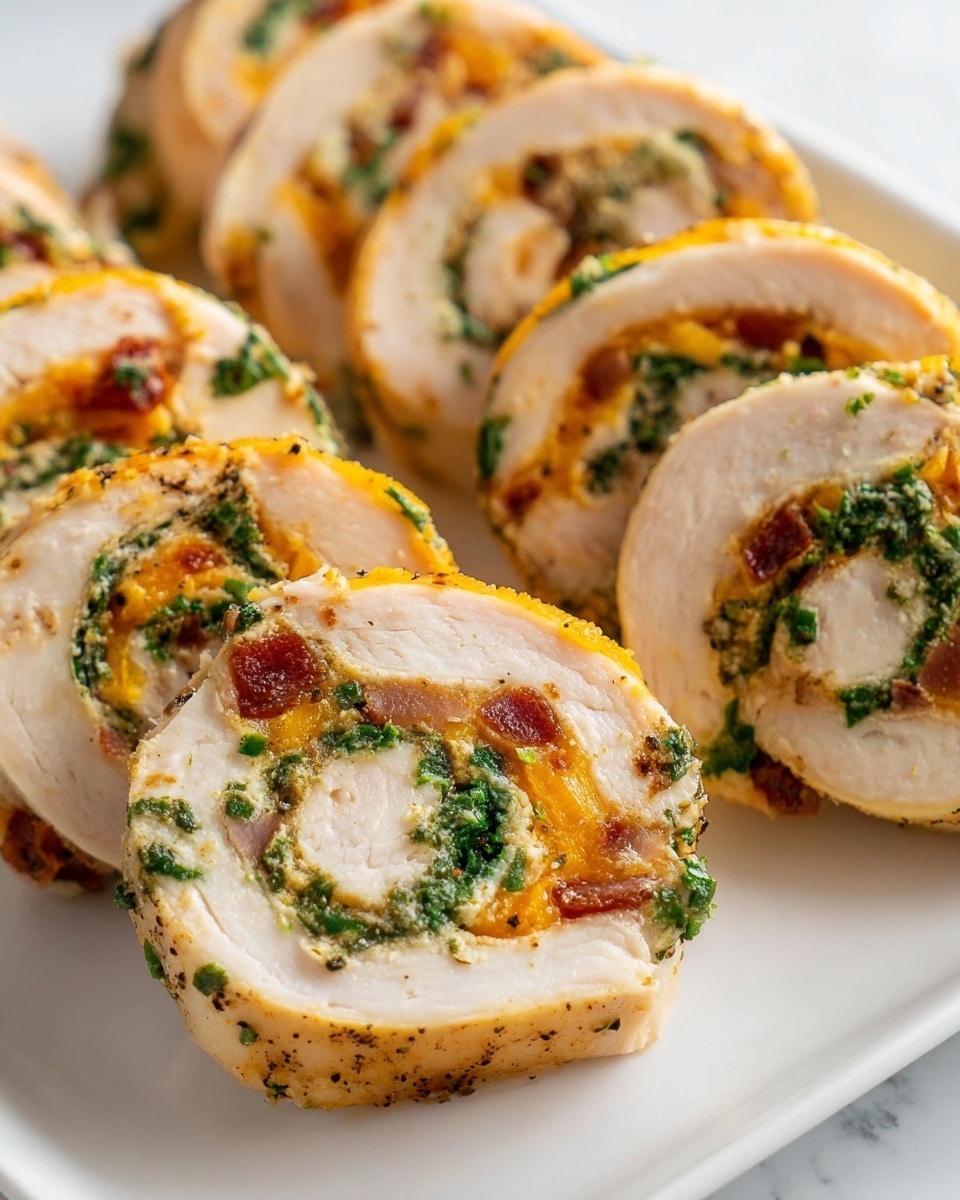 The image shows several pieces of rolled chicken pinwheels neatly arranged on a white plate with a white marbled surface beneath. Each pinwheel has three visible layers: the outer layer is a light golden-brown cooked chicken breast with pepper seasoning, the middle layer is a mix of melted yellow cheese and bits of crisp bacon, and the inner layer features green spinach or herbs creating a colorful swirl in the center. The textures range from tender and moist chicken to gooey cheese and slightly crispy bacon, with bright, fresh green herbs adding contrast. The pieces are closely packed, with focus on the front slices showing the spiral layers clearly, photo taken with an iphone --ar 4:5 --v 7