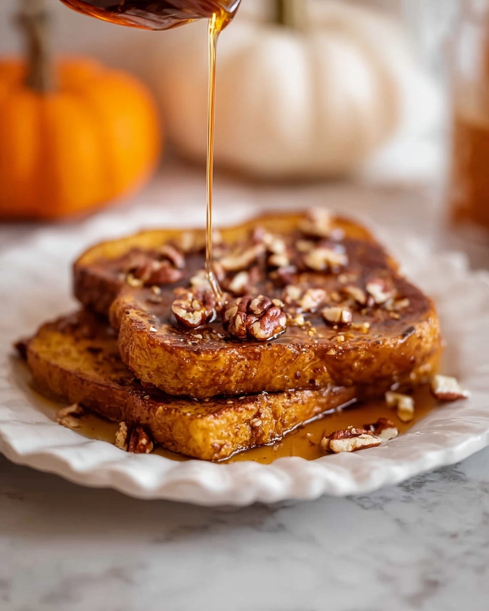 Two thick slices of golden-brown French toast with a slightly crispy texture are stacked on a white scalloped plate. The top slice is covered with scattered chopped pecans and is being drizzled with a thin stream of amber maple syrup, which glistens as it flows down. The background shows soft focus white and orange pumpkins, adding a cozy, autumn feel. The scene is set on a white marbled surface that adds a clean but warm touch. photo taken with an iphone --ar 4:5 --v 7