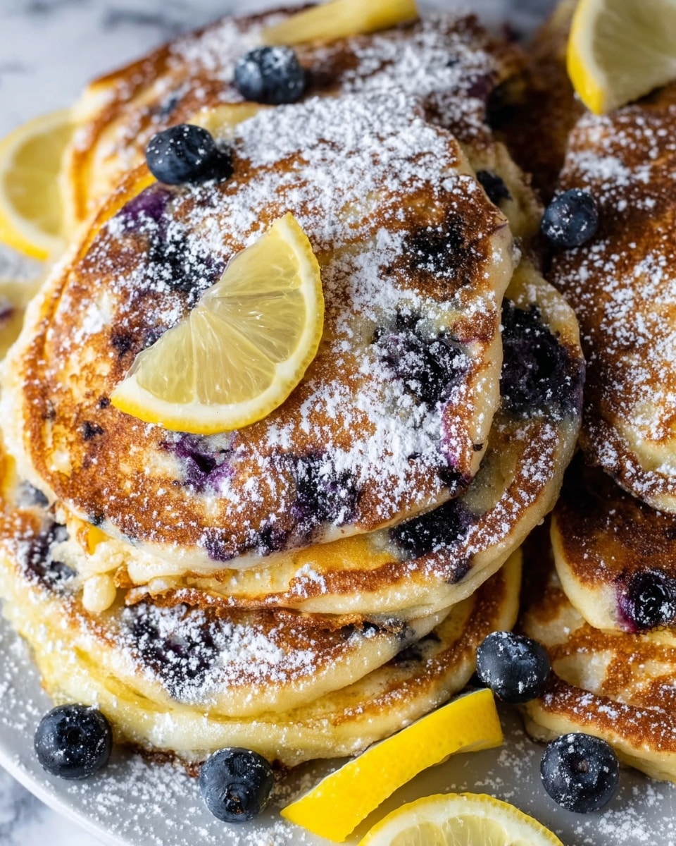A close-up view of a stack of golden brown blueberry pancakes covered with a dusting of white powdered sugar. The pancakes are thick and fluffy with visible blueberry pieces inside, showing dark purple spots throughout. Thin yellow lemon slices and a few whole blueberries are scattered on top and around the pancakes, adding fresh color contrast. The food is placed on a white plate set on a white marbled surface. photo taken with an iphone --ar 4:5 --v 7