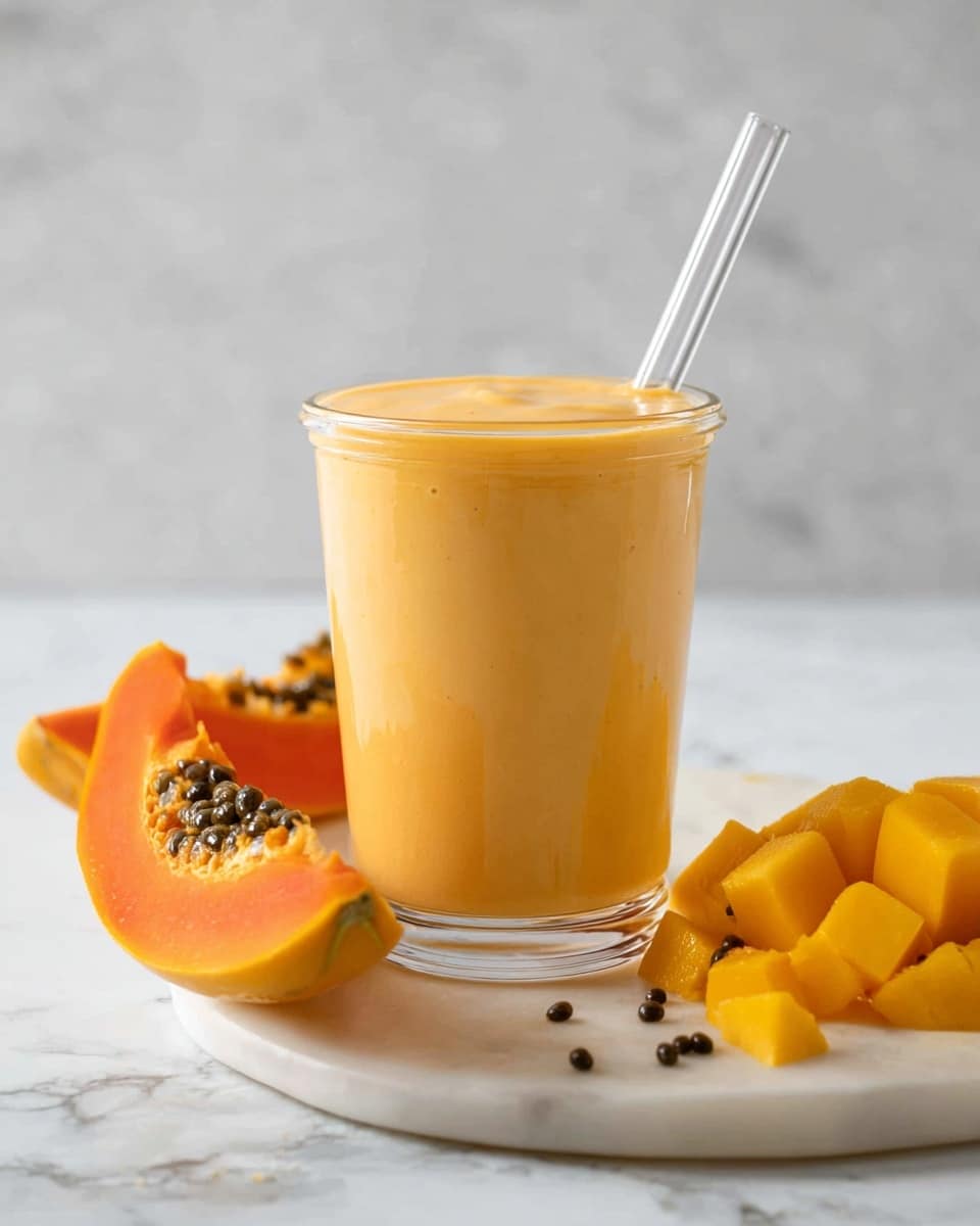 A clear glass filled to the top with a creamy, light orange smoothie sits in the center on a white marbled surface, with a transparent straw angled behind it. To the left of the glass, there is a wedge of bright orange papaya with small black seeds visible, some loose seeds scattered around. On the right side, orange-yellow mango pieces are neatly sliced, and more papaya with seeds is positioned nearby. The overall setting is clean and bright with soft natural light. photo taken with an iphone --ar 4:5 --v 7
