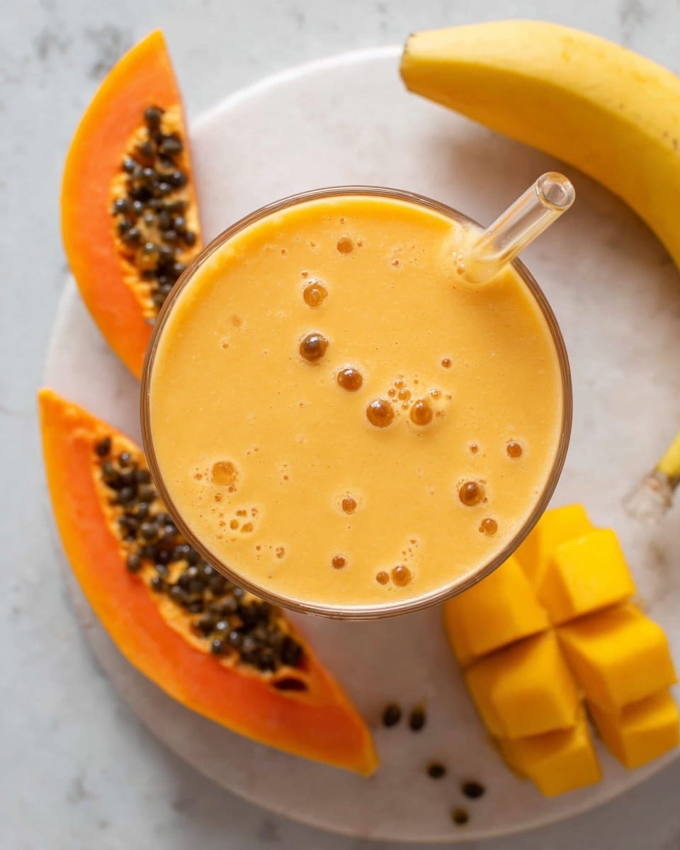 A close-up top view of a glass filled with a smooth, creamy, light orange smoothie with small bubbles on the surface, a clear straw in the center. Surrounding the glass on a white marbled surface are three fruit pieces: a bright yellow cubed mango half on the right side, two orange papaya slices with black seeds on the left and top right, and a yellow banana at the top right corner. photo taken with an iphone --ar 4:5 --v 7