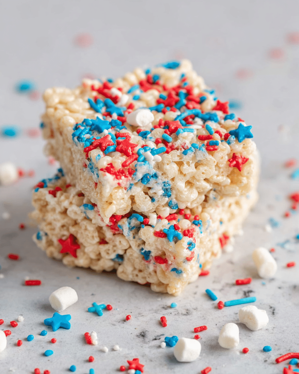 The image shows two square rice crispy treats stacked on top of each other against a white marbled texture background. Each treat is made of light beige rice cereal mixed with a white marshmallow base, and they are decorated with red, blue, and turquoise sprinkles scattered over the top and sides. The sprinkles are small round dots, long thin rods, and star-shaped shapes, adding a colorful and festive look to the treats. Small pieces of marshmallow and extra sprinkles are scattered around the treats on the surface. photo taken with an iphone --ar 4:5 --v 7