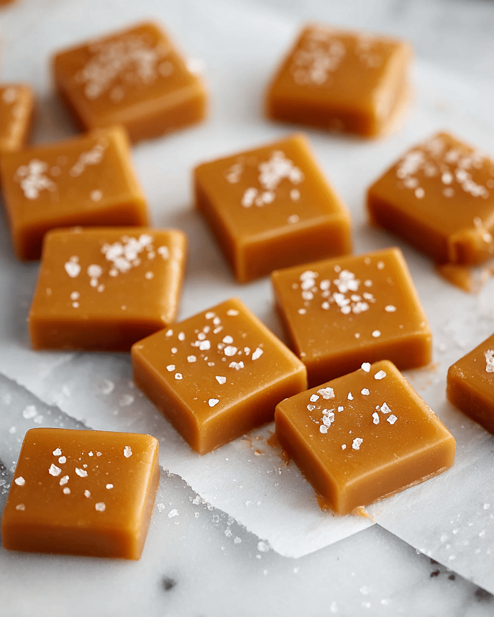 The image shows a group of soft caramel squares arranged in neat rows on a white marbled surface. Each caramel piece is smooth, shiny, and a rich golden-brown color, with some sprinkled evenly with coarse white sea salt flakes on top. A few caramel squares are scattered loosely in the background, slightly out of focus, while some pieces rest on thin, transparent white parchment paper in the foreground, adding texture and depth to the composition. photo taken with an iphone --ar 4:5 --v 7