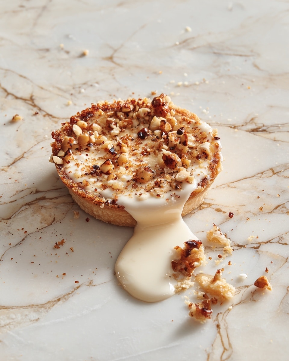 A close-up of a small, round pastry with a slightly burnt golden-brown crust on the edges, topped with a sticky, shiny mixture of crushed nuts and a white, creamy sauce that is melting over the nutty layer, sitting directly on a white marbled surface with a small piece breaking off and some of the nut sauce dripping down in front. photo taken with an iphone --ar 4:5 --v 7