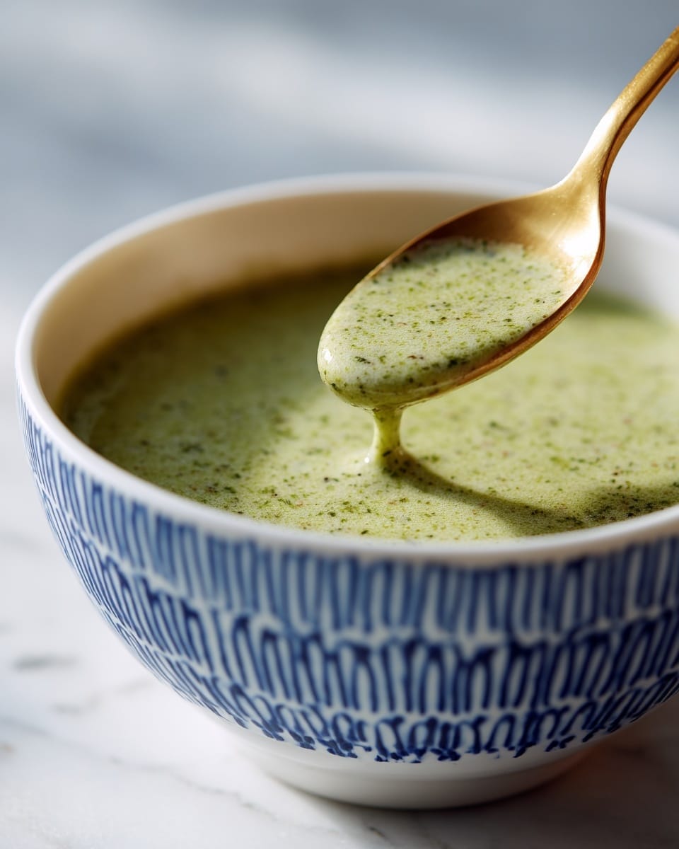 A close-up of a white bowl with a blue woven pattern on the outside, filled with a creamy green soup that has a smooth texture with small dark green specks throughout. A gold-colored spoon is scooping the soup, showing its thick and slightly frothy consistency. The bowl is placed on a white marbled surface with soft natural light coming from the right side, casting gentle shadows. Photo taken with an iphone --ar 4:5 --v 7