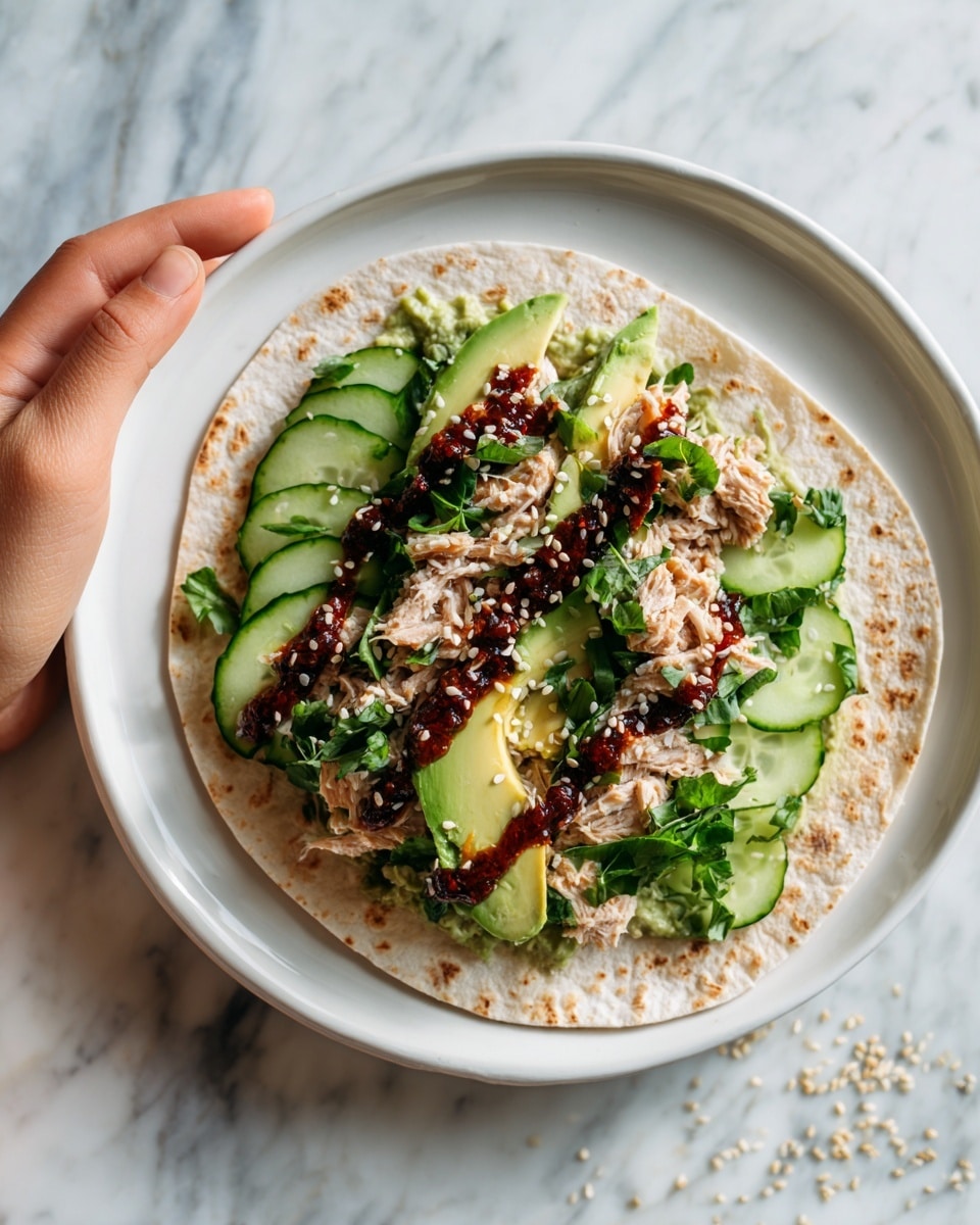 A wheat flatbread wrap lies open on a white plate, held at the bottom right by a woman's hand. The wrap features three main layers: at the base, green avocado slices form a smooth, creamy layer close to the flatbread. On top of that, there is a light beige creamy tuna salad with visible chunks of fish, adding texture. The top layer includes fresh, light green cucumber slices scattered unevenly, along with dollops of dark reddish-brown spicy sauce, sprinkled with small white sesame seeds. The plate is placed on a white marbled surface with some sesame seeds scattered nearby. Photo taken with an iphone --ar 4:5 --v 7