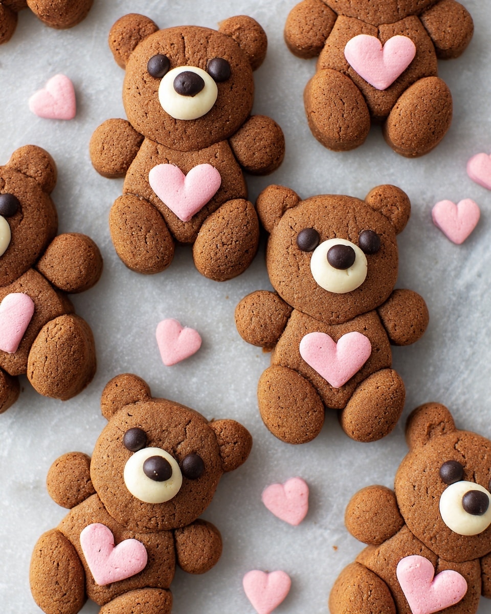 The image shows several brown teddy bear-shaped cookies arranged on a white marbled surface. Each cookie has two small round ears and four small paws made from round cookie pieces. The face layer features two small dark chocolate chips as eyes, a white oval shape on the snout, and a small dark chocolate chip for the nose. The body layer is decorated with a pink heart shape in the center. There are additional pink heart decorations scattered around the cookies on the surface. The cookies have a slightly cracked texture, showing a baked surface. Photo taken with an iphone --ar 4:5 --v 7