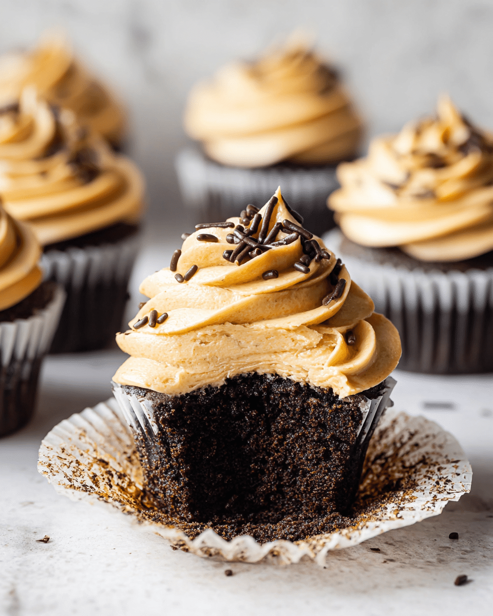 A dark chocolate cupcake with a moist texture sits at the center, its white paper liner partially peeled back to reveal the crumbly base. On top, there is a thick swirl of smooth, tan-colored frosting, decorated with thin, dark chocolate sprinkles scattered unevenly. Surrounding it, other cupcakes with the same design are slightly out of focus on a white marbled surface, creating depth. The overall look is rich and inviting, with soft light emphasizing the creamy frosting and dark cake contrasts. Photo taken with an iphone --ar 4:5 --v 7