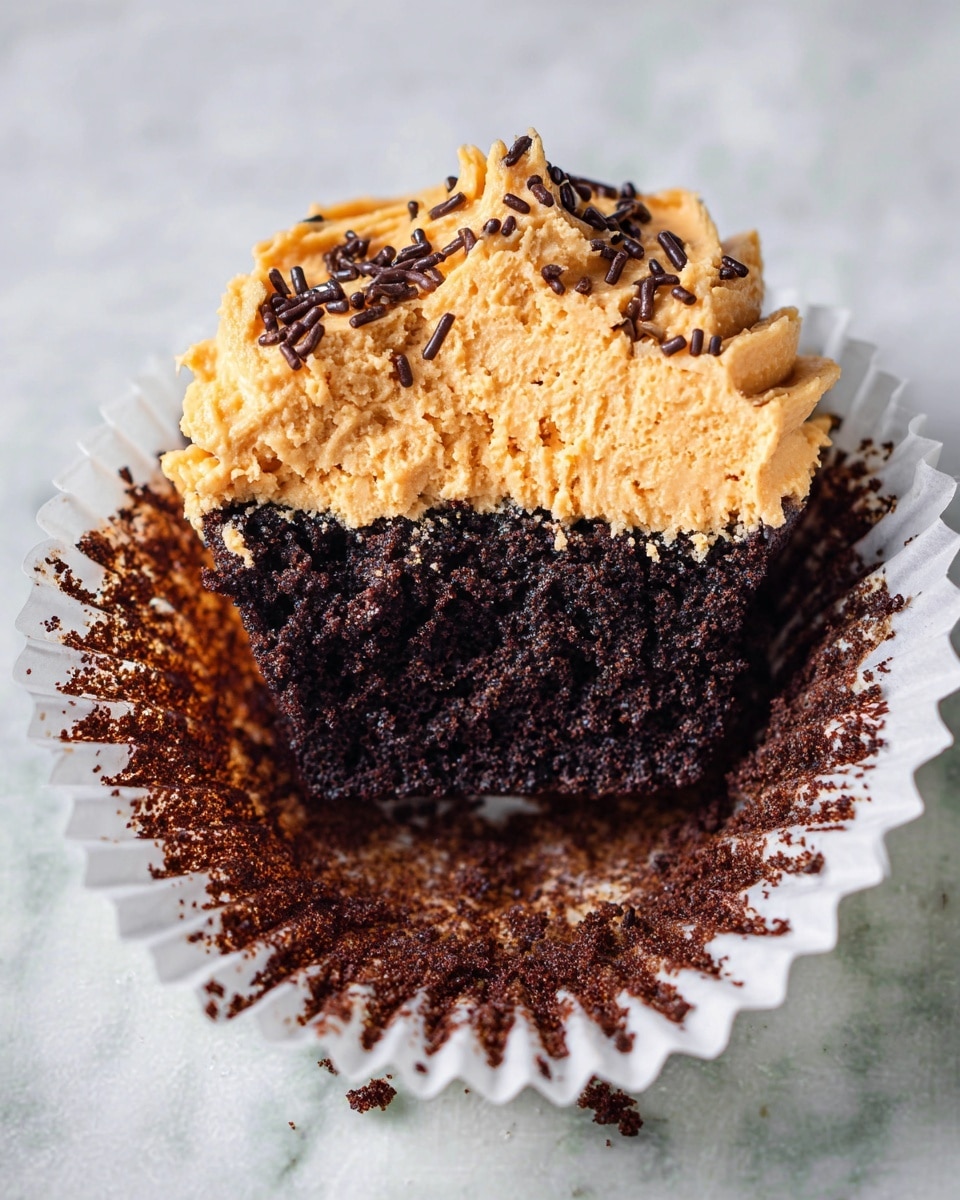 A half-eaten chocolate cupcake sits in a white paper liner, revealing two clear layers: the bottom layer is dark, moist chocolate cake with a crumbly texture, while the top layer is a thick, creamy orange-brown frosting with some small dark chocolate sprinkles scattered on it; the white paper liner is stained with chocolate crumbs all around. The cupcake rests on a white marbled surface. photo taken with an iphone --ar 4:5 --v 7