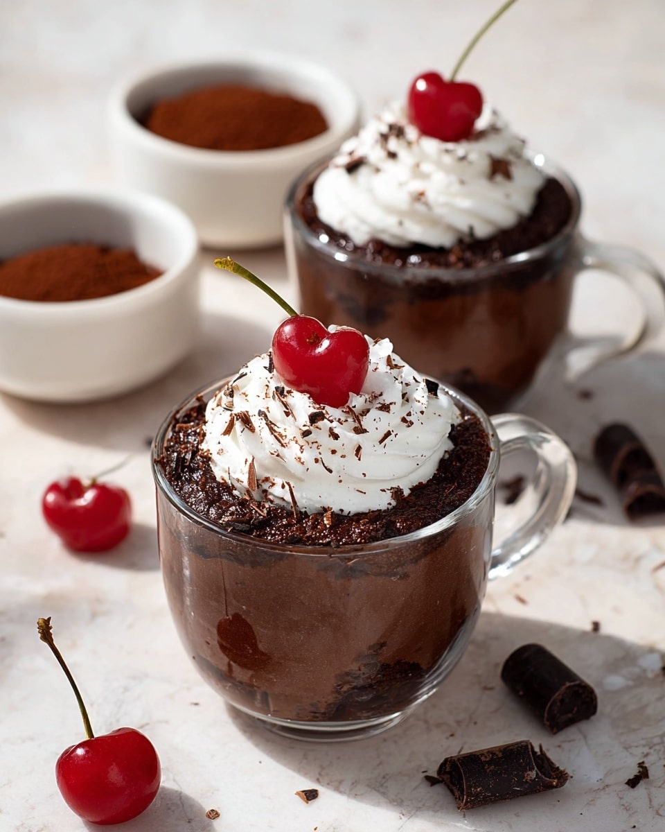 Two transparent glass cups hold layered chocolate desserts placed on a white marbled surface. Each cup contains a rich, dark brown chocolate base with a smooth texture around the edges that looks dense and moist. On top, there is a thick swirl of white whipped cream, sprinkled lightly with fine chocolate shavings. A single bright red cherry with a green stem sits on the peak of each whipped cream swirl. Around the cups, there are loose cherries and curls of dark chocolate resting on the surface. In the background, two small white bowls hold cocoa powder and extra whipped cream. The photo taken with an iphone --ar 4:5 --v 7