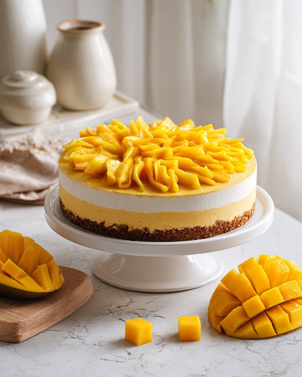 A round mango cheesecake is shown on a white cake stand with three visible layers: a dark brown crumbly base at the bottom, a thick creamy pale orange middle layer, and a thin white cream layer on top. The top is decorated with many bright yellow rolled mango slices spread evenly across the surface. Two half mangoes with yellow flesh, cut in a grid pattern and fanned out, are placed on the white marbled surface near the cake, along with some small mango cubes and a wooden cutting board. The background is softly lit with white curtains and light-colored pottery items. Photo taken with an iphone --ar 4:5 --v 7