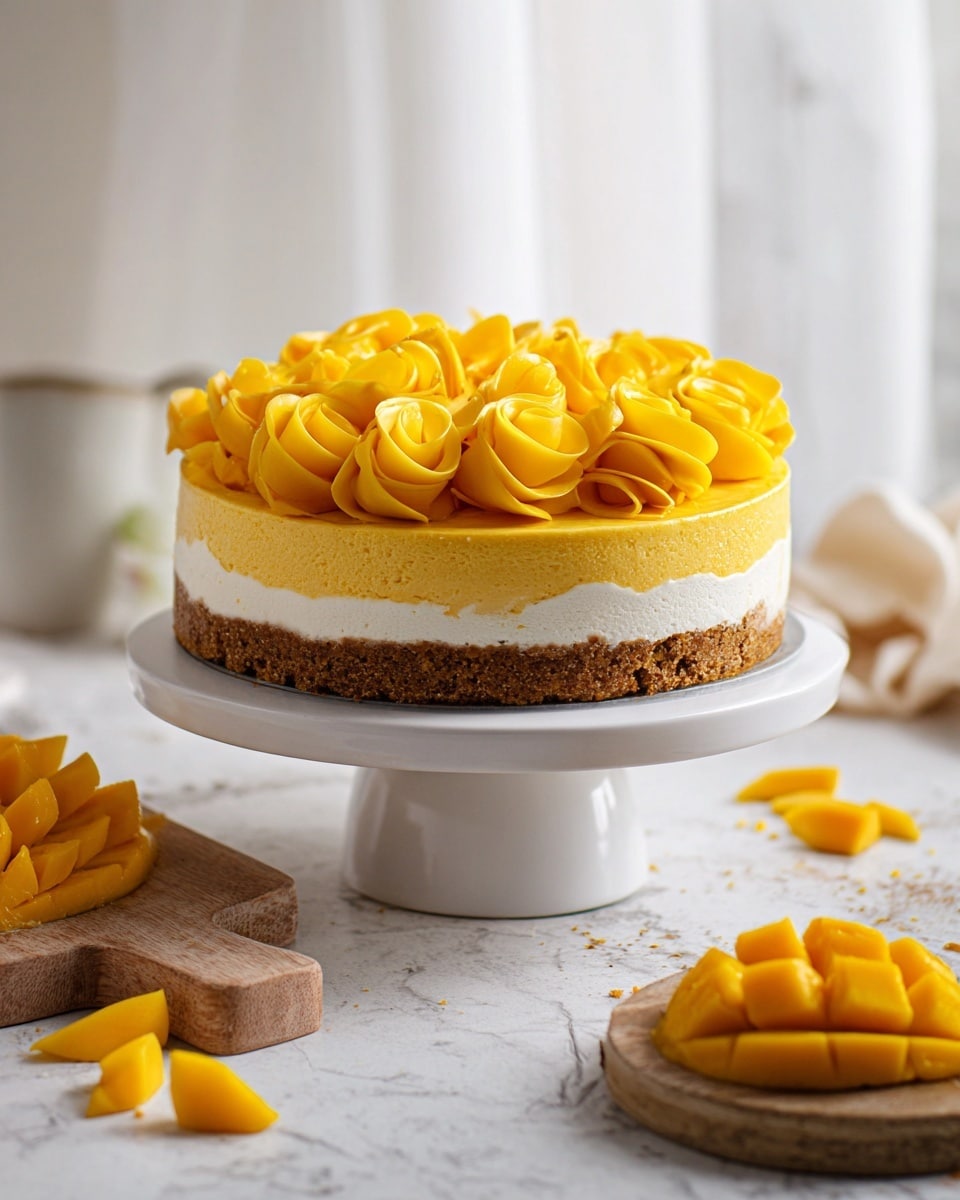 A three-layer mango cheesecake is displayed on a white cake stand against a white marbled surface. The bottom layer is a thick, crumbly brown crust, the middle layer is a smooth, creamy yellow mango cheesecake filling, and the top layer is a thin layer of white cream. On top, there are many bright yellow mango slices shaped into small rose-like curls, layered densely to cover the entire surface of the cake. Pieces of cut mango are scattered around the stand, some on a wooden cutting board and others directly on the white marbled surface. The background is softly blurred with white curtains and light coming through, creating a warm and inviting atmosphere. photo taken with an iphone --ar 4:5 --v 7