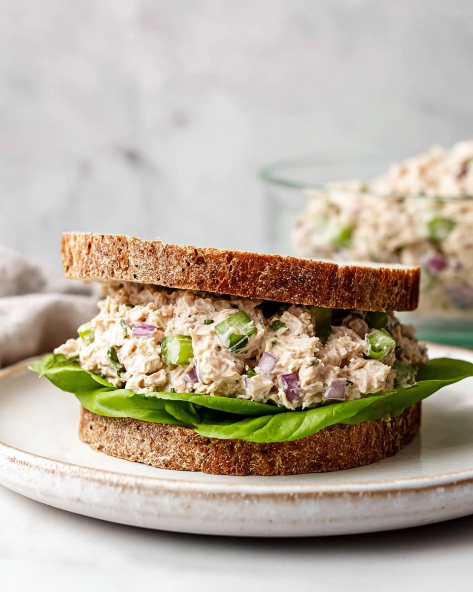 A sandwich with two slices of brown whole grain bread holds a thick middle layer of chunky tuna salad mixed with small pieces of green celery and purple onion, sitting on a fresh, bright green leaf of lettuce. The sandwich is placed on a white plate with a slightly rough texture, and the background shows a glass bowl filled with more tuna salad on a white marbled surface. Photo taken with an iphone --ar 4:5 --v 7