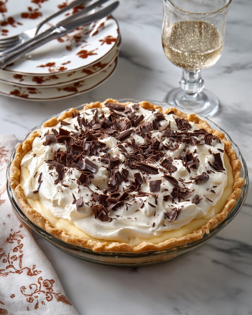 A pie with a thick golden-brown crust forms the base layer, topped by a smooth, thick, and creamy white filling that covers the entire surface. On top, there are many dark brown chocolate curls and shavings scattered across evenly, adding texture and contrast. The pie is in a clear glass pie dish placed on a white marbled surface. Next to it, there is a clear glass with a sparkling drink, and a white plate with brown floral patterns holds a white folded napkin and three silver forks resting on top. Photo taken with an iphone --ar 4:5 --v 7