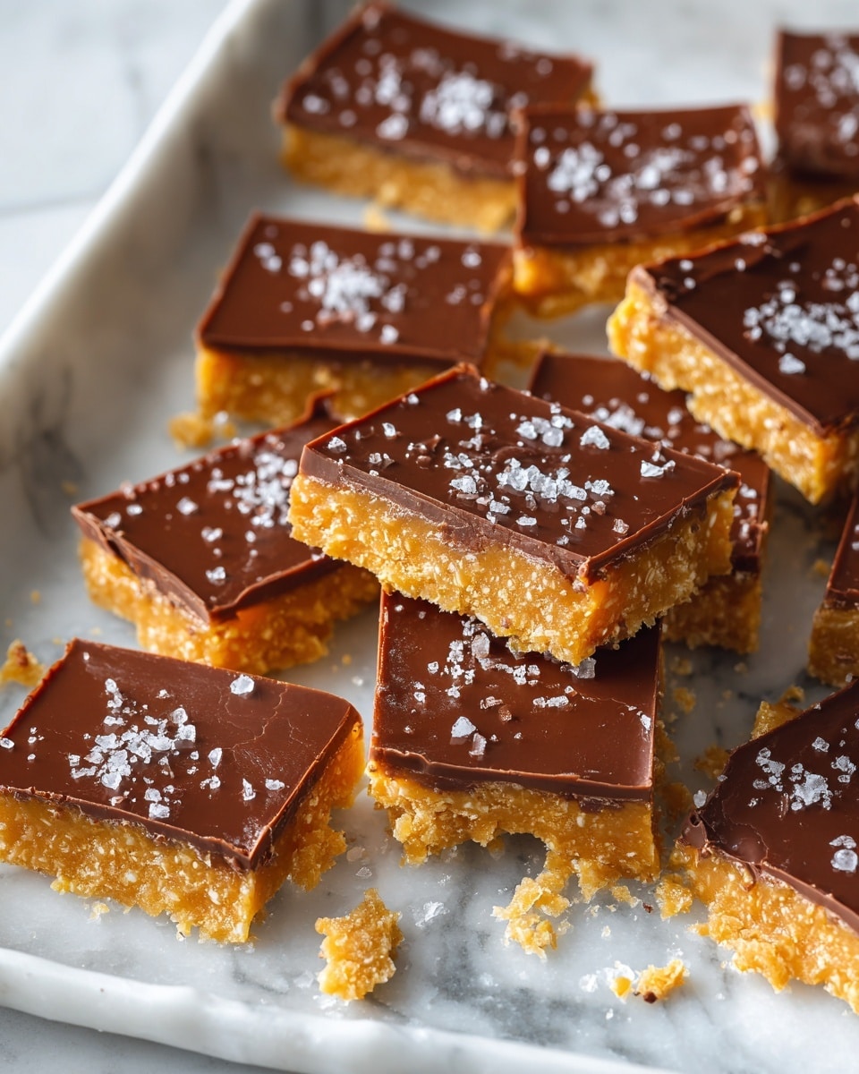 The image shows multiple rectangular pieces of honeycomb toffee covered with a smooth, shiny layer of milk chocolate on top. The toffee layer is golden-brown and bubbly with an uneven texture, forming the bottom part of each piece. Some pieces are broken, showing the rough, porous interior of the toffee, while the chocolate layer is glossy and flat with small salt flakes sprinkled on top. The pieces are spread out on a white marbled surface inside a white tray, with some crumbs and small bits scattered around. photo taken with an iphone --ar 4:5 --v 7