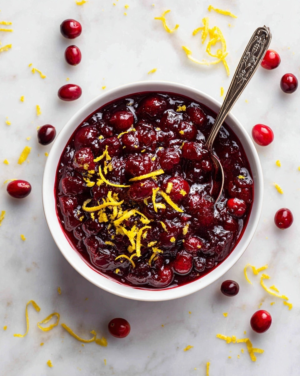 A white bowl filled with a thick, dark red cranberry sauce that has whole cranberries visible throughout. The sauce has a glossy texture giving a fresh and juicy look. Bright yellow, thin lemon zest curls are spread evenly on top, adding a contrasting color. A spoon stands inside the bowl, resting on one side. The bowl sits on a white marbled surface with scattered lemon zest curls around it. Photo taken with an iphone --ar 4:5 --v 7