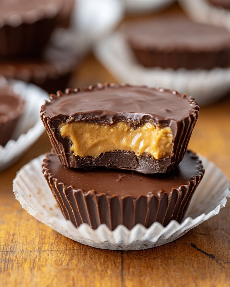 The image shows two stacked chocolate peanut butter cups resting inside a white paper cup liner. The top cup has a bite taken from it, revealing three layers: a smooth, shiny dark chocolate top layer, a thick middle layer of creamy, light brown peanut butter, and a darker chocolate base layer that looks slightly crumbly. The cups have ridged edges, and the paper liner is crinkled around them. The background is a wooden surface with more chocolate peanut butter cups out of focus. Photo taken with an iphone --ar 4:5 --v 7