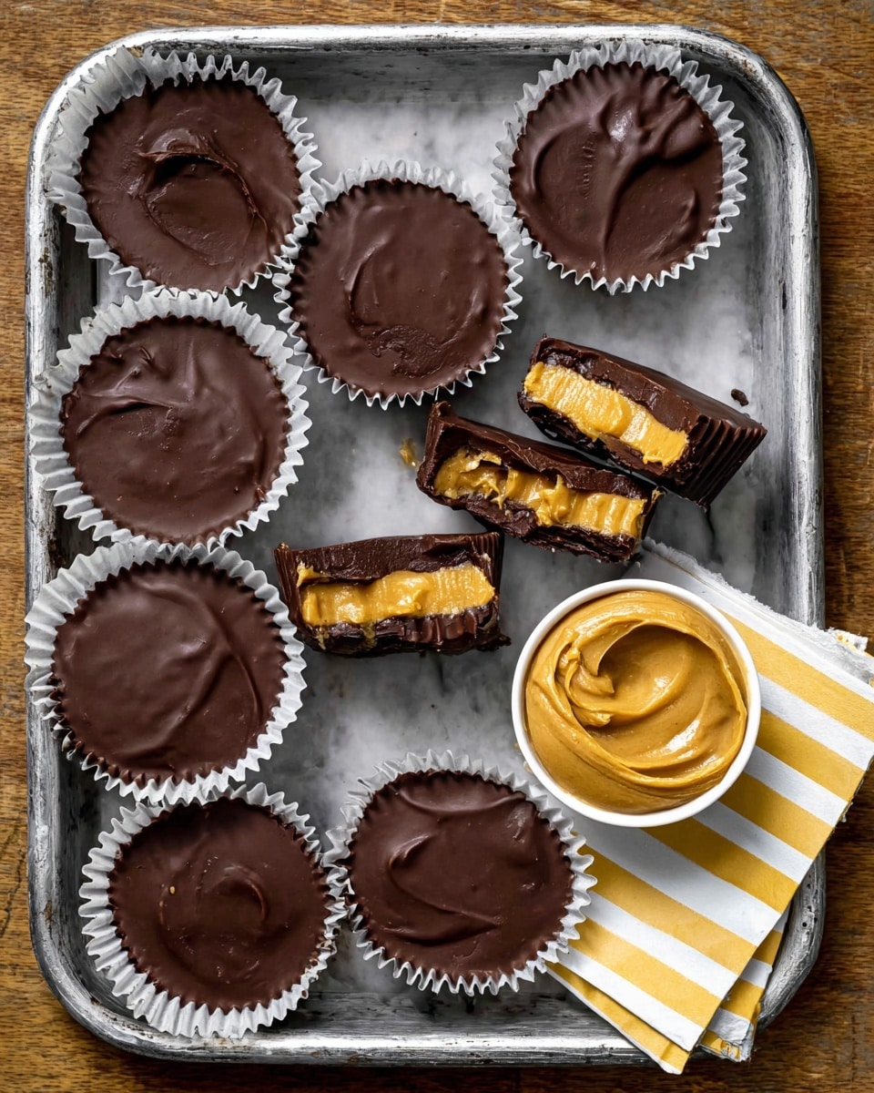 The image shows a metal tray holding eight chocolate peanut butter cups, each in white paper liners. The peanut butter cups have a smooth, dark brown chocolate top layer with some slight texture and shine. One cup is cut in half to reveal two inside layers: a thick bright golden peanut butter middle layer surrounded by an outer dark chocolate layer. There is a small white cup filled with creamy, bright golden peanut butter placed on the upper right side of the tray. One empty white paper liner with yellow and gray stripes sits on the lower right corner of the tray. The tray is on a wooden surface replaced by a white marbled texture. photo taken with an iphone --ar 4:5 --v 7