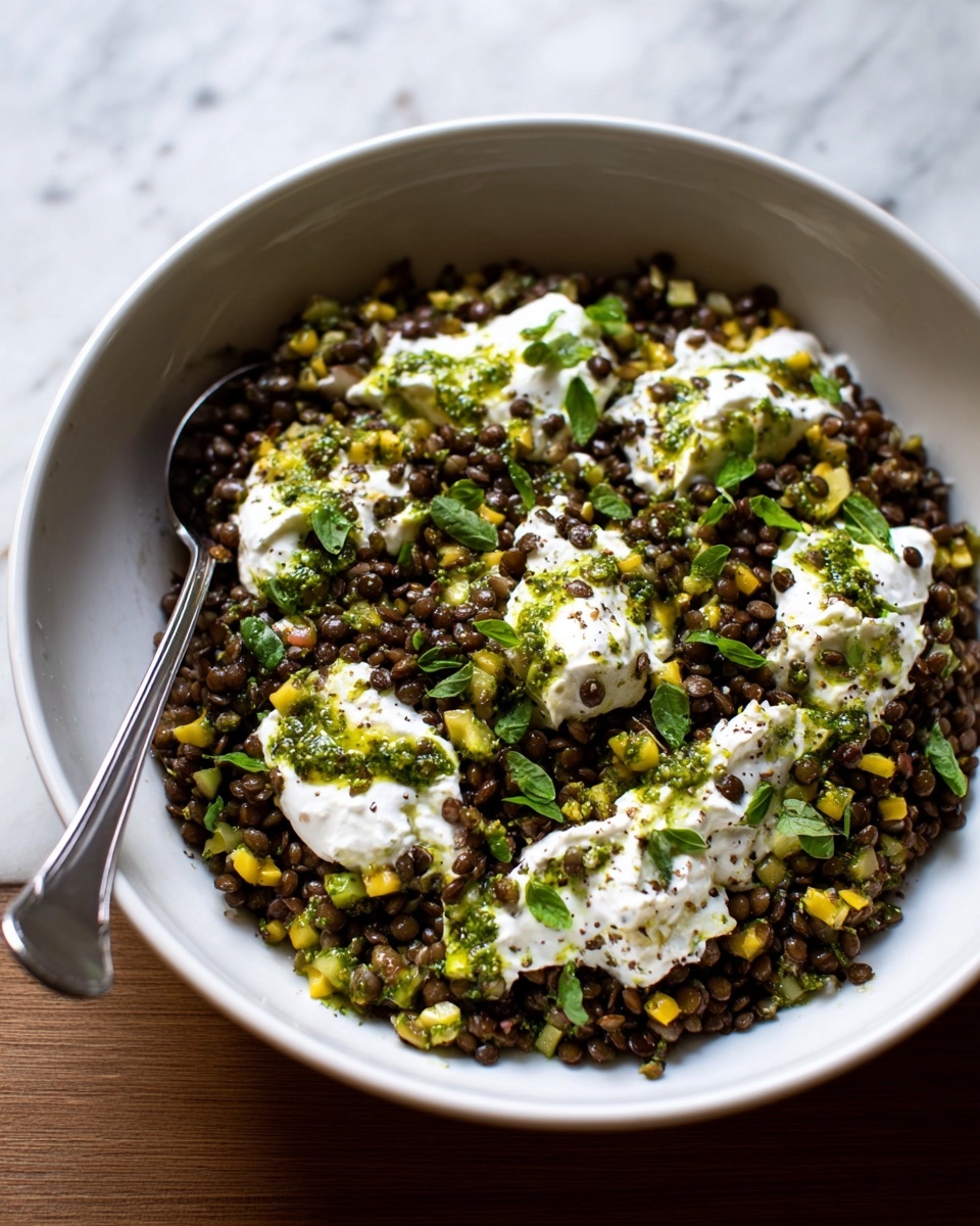 A white bowl filled with a lentil salad that has three main layers: the bottom layer is cooked dark brown lentils mixed with small diced yellow and green vegetables, giving a mix of dark and bright colors with a slightly rough texture; the second layer consists of dollops of creamy white yogurt spread unevenly across the top, adding a smooth texture contrast; the final layer is made up of scattered green herb sauce and tiny fresh green leaves dotting the surface, providing a fresh and vibrant look. A metal spoon is placed inside the bowl on the left side, and the bowl rests on a wooden surface replaced by a white marbled texture. photo taken with an iphone --ar 4:5 --v 7