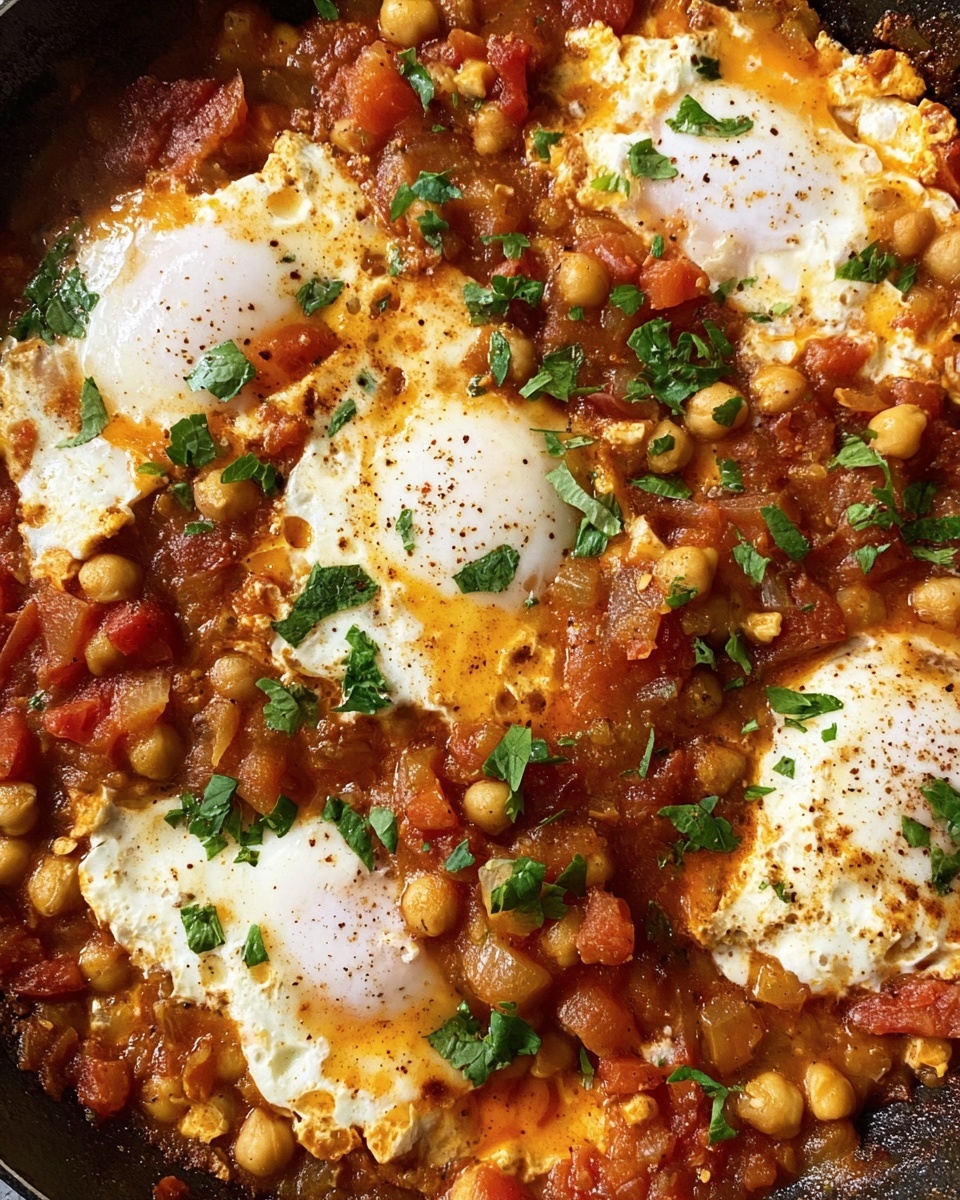 The dish shows one main layer of cooked eggs partly submerged in a thick tomato-based sauce mixed with chickpeas, diced tomatoes, and onions. The eggs are white with bright white yolks visible in the center, scattered evenly across the dish. The sauce is a warm mix of red and orange hues with chunks of vegetables and beans, providing a textured look. Small green herb pieces are sprinkled on top, adding a fresh contrast to the warm colors. The overall appearance is rustic and hearty. photo taken with an iphone --ar 4:5 --v 7