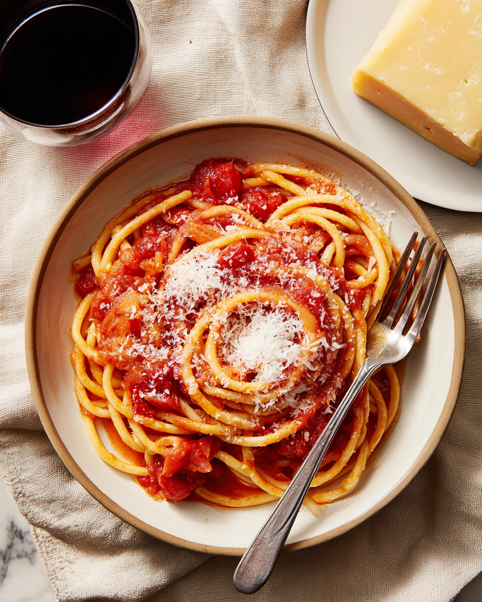A round white plate holds thick spaghetti noodles twisted in a circular pile, coated with bright red tomato sauce studded with chunks of tomato and translucent onion slices. A generous dusting of finely grated white cheese covers the top of the noodles unevenly. To the right of the plate, a silver fork rests partially on the noodles. The plate sits on a cream cloth with a white marbled surface underneath. Nearby, there is a glass of dark red wine to the left and a white plate with a wedge of hard yellow cheese to the top right. Photo taken with an iphone --ar 4:5 --v 7