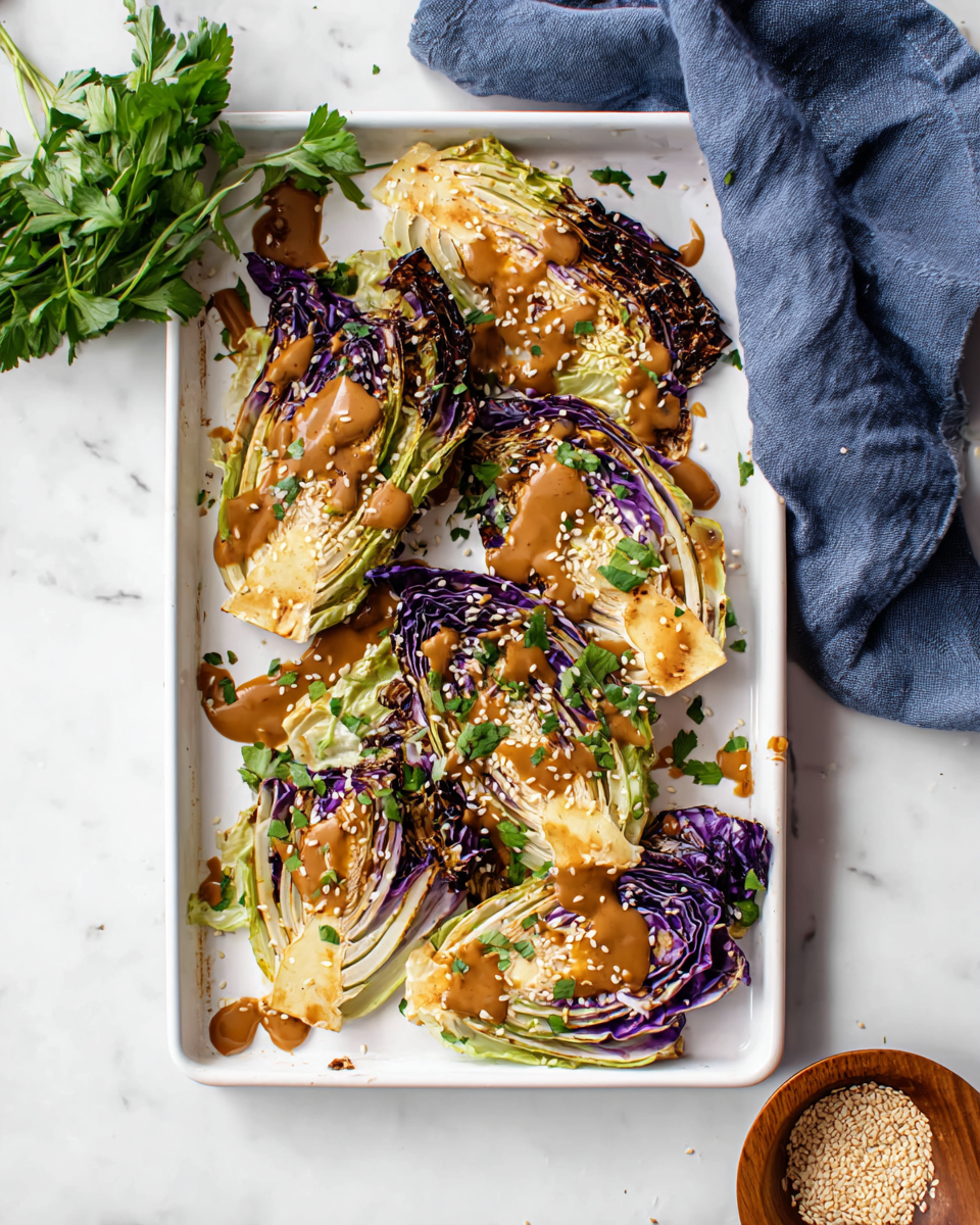 A white rectangular tray holds pieces of grilled cabbage cut into wedges, with a mix of green and deep purple layers showing slightly charred edges. Each wedge is topped with a smooth brown sauce drizzled unevenly, sprinkled with small white sesame seeds and finely chopped fresh green herbs, scattered across the tray. The tray sits on a white marbled surface next to a blue cloth and a small wooden bowl filled with sesame seeds, with some parsley leaves partially visible on the top left corner. The photo is bright and clean, highlighting the textures of the cabbage and sauce. photo taken with an iphone --ar 4:5 --v 7