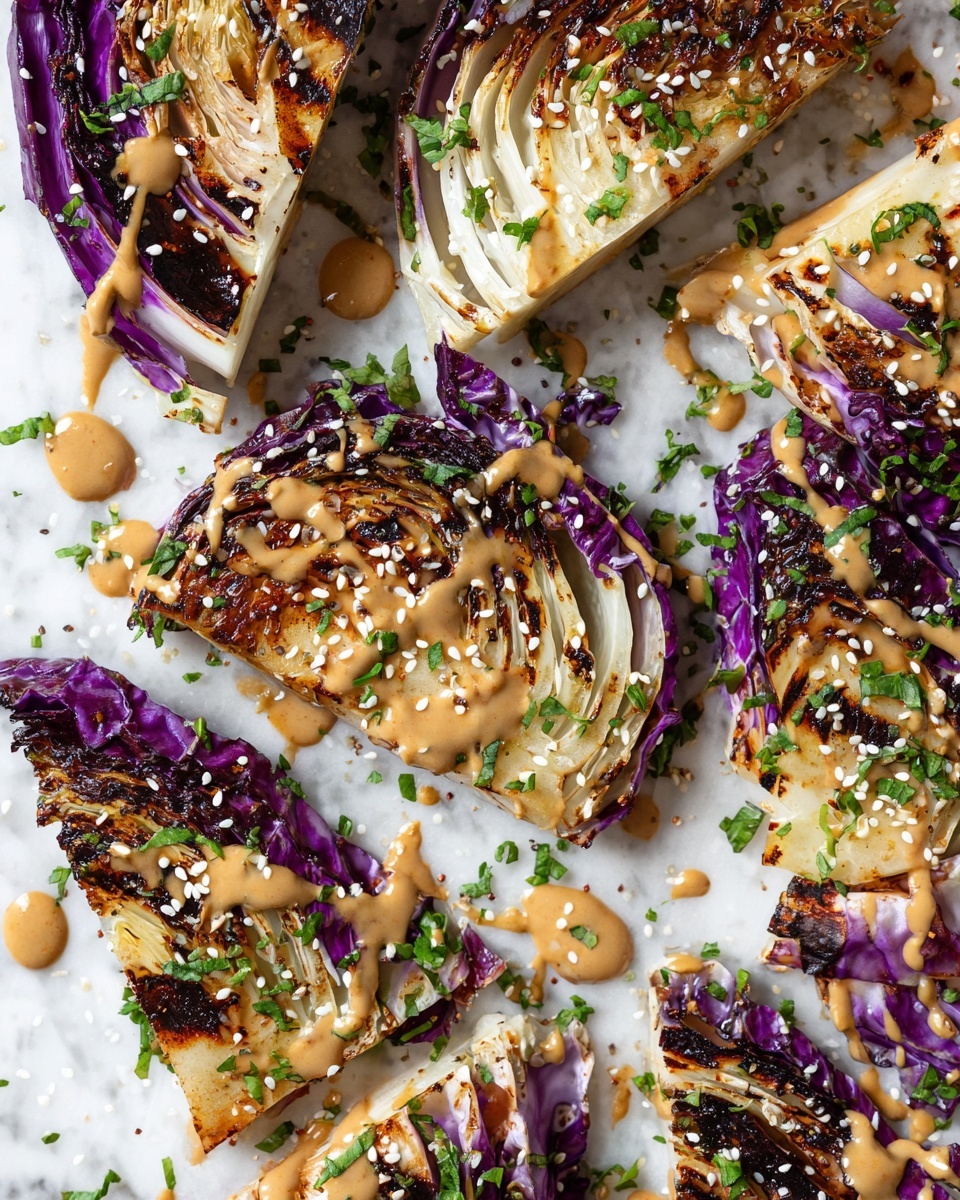 The image shows several wedges of grilled cabbage, some are white and some purple, arranged on a white marbled surface. Each wedge has a slightly charred surface with browned edges, giving a textured look of crispy and tender layers. A light brown, creamy sauce is drizzled unevenly over the cabbage, pooling slightly on the surface beneath. The dish is garnished with white sesame seeds and finely chopped green herbs scattered over the wedges and surface, adding pops of color and texture. photo taken with an iphone --ar 4:5 --v 7