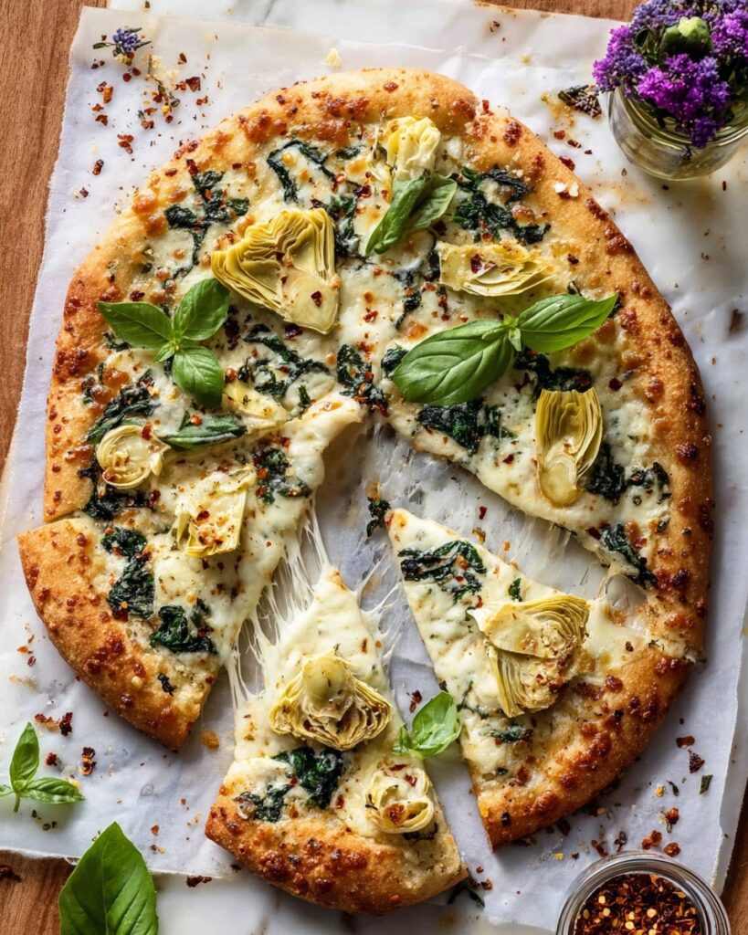 Spinach and Artichoke Pizza with Cheesy Bread Crust Recipe