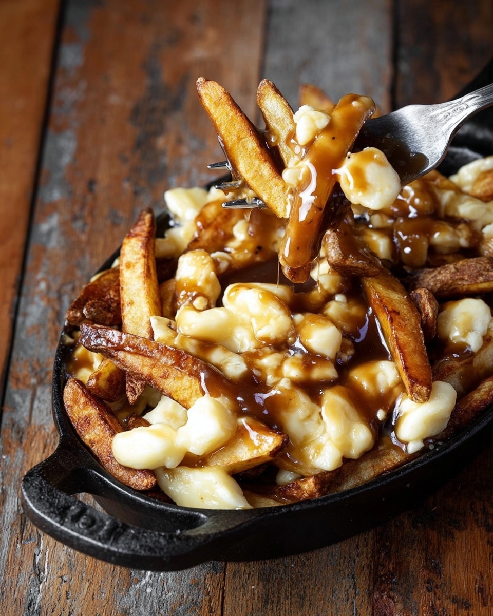 The image shows a black cast iron dish filled with crispy, golden-brown fries mixed with melted white cheese curds, all covered in a glossy dark brown gravy. A silver fork is stuck in the fries, lifting a mix of fries and cheese curds, showing their uneven shapes and textures. The dish is placed on a wooden table with a rustic look. The fries are irregular in size, with some darker edges, and the cheese curds are soft, creamy, and slightly melted throughout. photo taken with an iphone --ar 4:5 --v 7