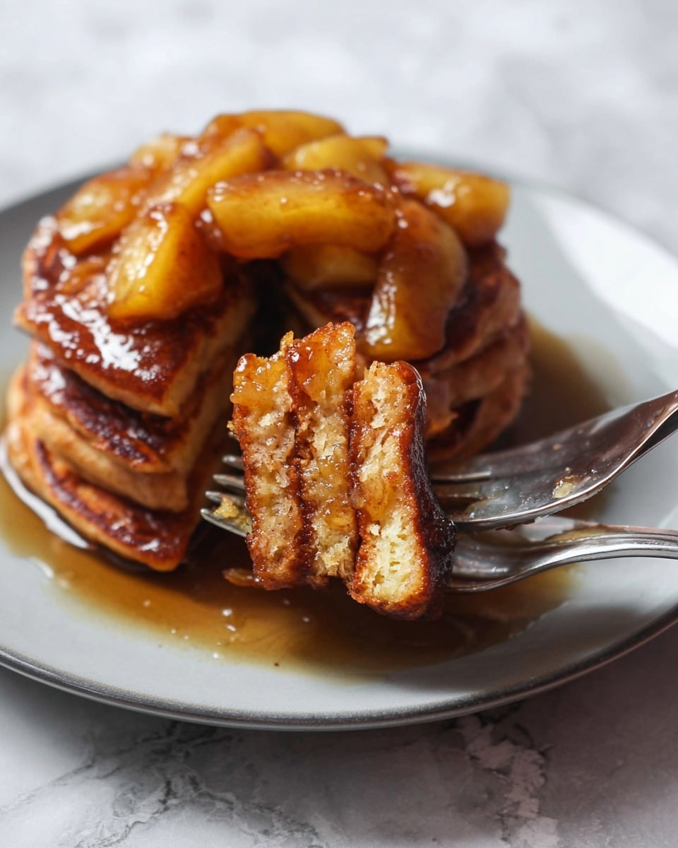 The image shows a stack of three thick, golden-brown pancakes on a white plate with caramelized apple slices on top, covered in a syrupy glaze that shines under the light. The pancakes appear soft and fluffy with a slightly crispy edge. A fork holds a bite-sized piece of pancake layered with the same caramelized apples, highlighting the moist texture with a glossy finish. The background features a white marbled texture, and the photo has a close-up, warm tone that emphasizes the glossy, rich syrup and the golden hues of the apples photo taken with an iphone --ar 4:5 --v 7