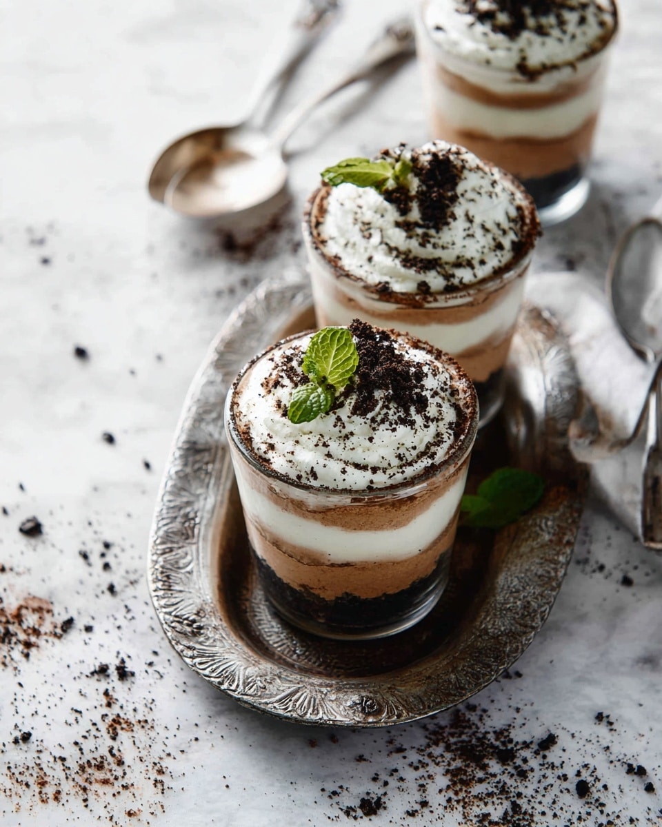 Three glass cups are shown with a layered dessert, each having four layers; the bottom layer is a light brown creamy base, followed by a thin dark crumb layer, then a thicker light cream layer, topped again with dark crumbs and a white whipped cream layer. The cup in front is placed on a rustic, oval metal tray with detailed carvings and is garnished with a green mint leaf on top. The background is a white marbled surface with scattered dark crumbs, and two silver spoons are visible in the top right corner. Photo taken with an iphone --ar 4:5 --v 7