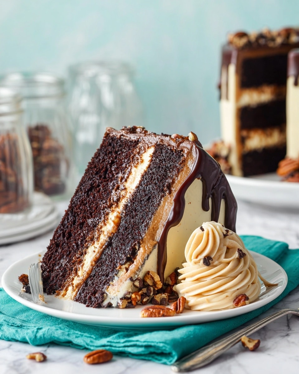 A slice of three-layer dark chocolate cake is placed on a white plate over a teal napkin with a white marbled surface beneath. Each layer of moist, dark chocolate cake is separated by a thick cream-colored frosting mixed with a darker chocolate or caramel filling. The outside is coated with a smooth cream-colored frosting topped with a band of glossy dark chocolate ganache dripping slightly down the side. On the plate next to the cake, there is a swirl of light-colored frosting garnished with whole and chopped pecans, with some small chocolate chips scattered around. In the background, there are blurred glass containers and another slice of the cake on a white plate. Photo taken with an iphone --ar 4:5 --v 7