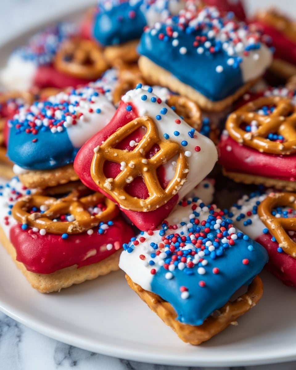A pile of small square cookies, each topped with a shiny golden brown pretzel, placed on a white plate with a white marbled background. The cookies are coated halfway with thick colorful icing in three different colors: bright red, deep blue, and white. Each cookie’s icing is decorated with tiny round sprinkles in red, white, and blue colors scattered on top. The layers show the pale beige cookie base, the smooth and glossy colored icing covering half the cookie’s top, and the pretzel sitting perfectly across the icing and cookie, creating a textured and layered look. Photo taken with an iphone --ar 4:5 --v 7