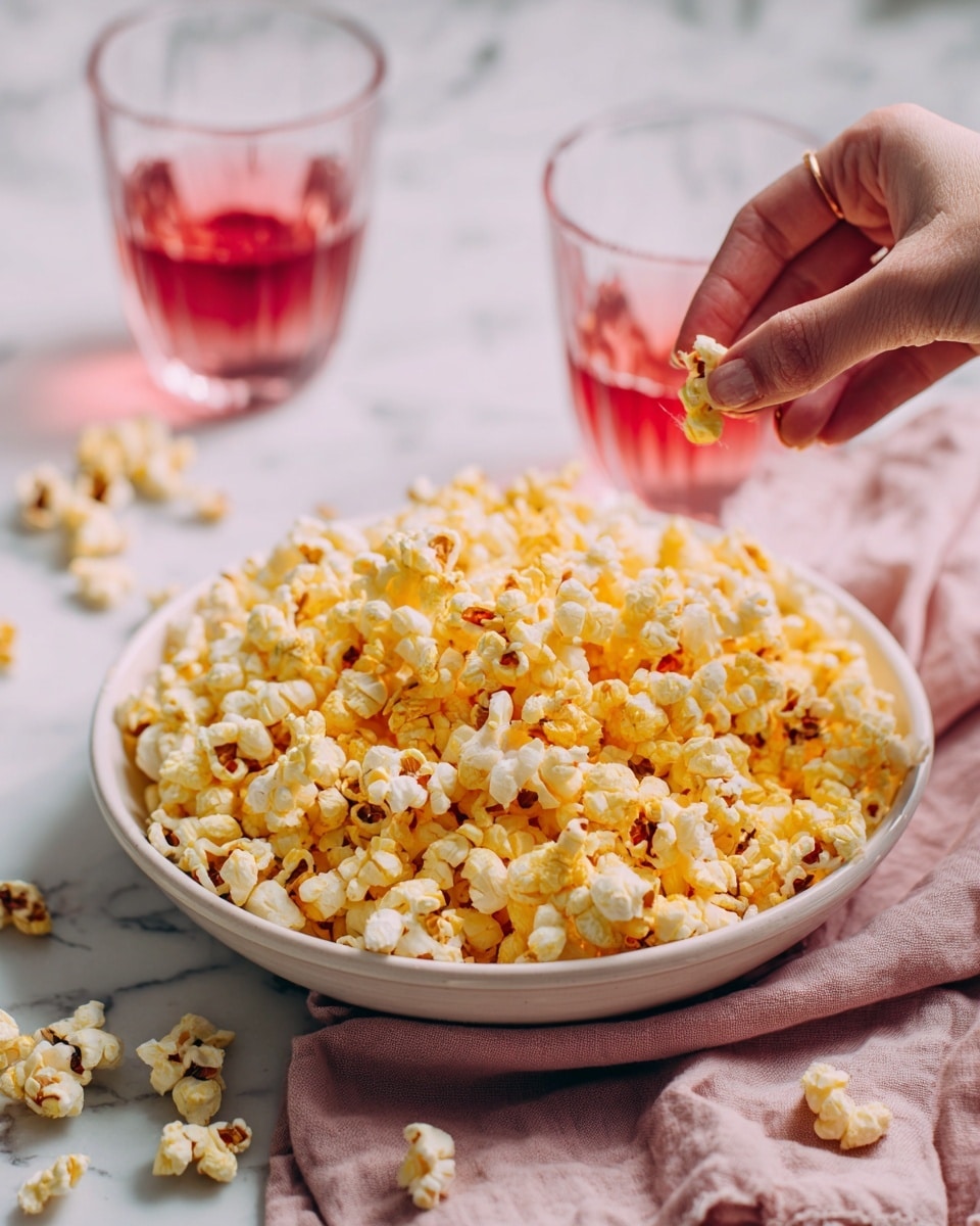 A close-up image of a large pile of yellowish popcorn with some brown kernels in a white bowl, with a woman's hand picking up a small bunch of popcorn from the top right side of the bowl. The bowl rests on a soft pink cloth with a few popcorn pieces scattered around. In the blurry background, two glasses with pinkish red liquid are visible on a white marbled surface. The scene is bright and well-lit with natural light, giving a fresh and inviting feel. photo taken with an iphone --ar 4:5 --v 7