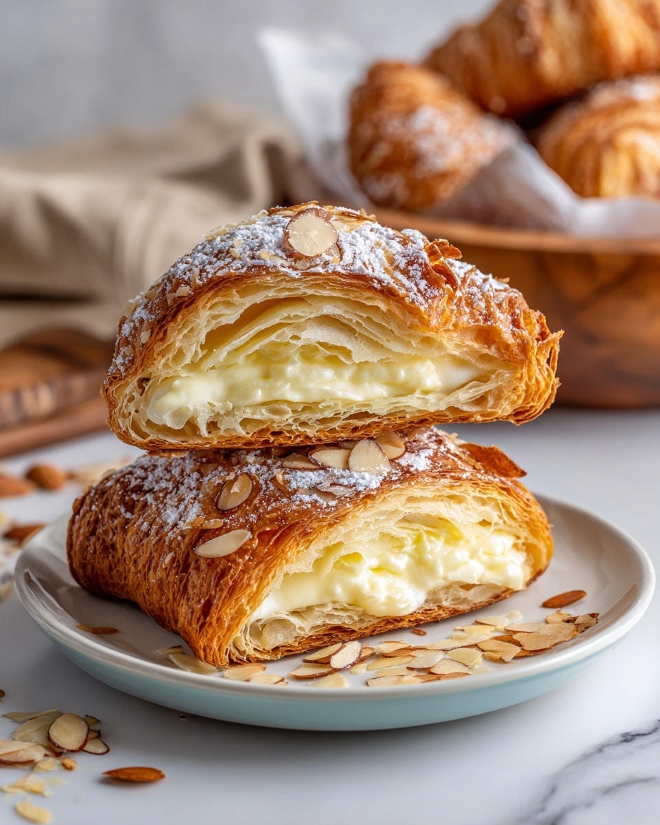 Two pieces of croissant are stacked on a white plate with a soft blue rim. Each croissant is cut in half, showing three layers: the top flaky golden-brown crust dusted with powdered sugar, a middle layer of light yellow creamy filling, and a bottom layer of light, airy pastry. Some almond slices and crumbs are scattered on the plate. The plate sits on a white marbled surface, with a blurred wooden bowl filled with whole croissants wrapped in a cloth in the background. photo taken with an iphone --ar 4:5 --v 7