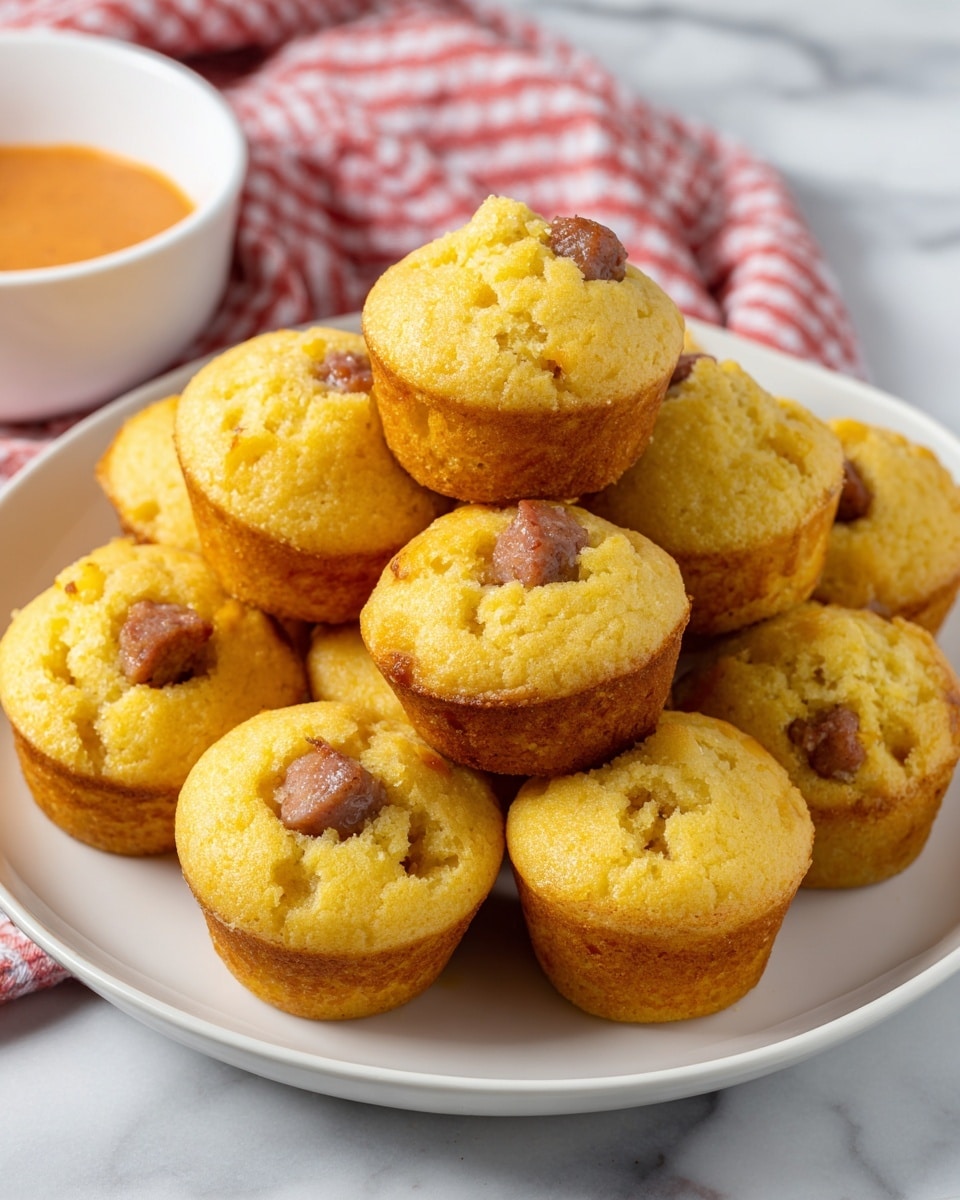 A white plate holds a pile of about 15 small, yellow cornbread muffins, each with a small piece of cooked sausage embedded in the center of the top. The muffins are golden yellow with a slightly coarse, crumbly texture visible on the sides and the top, which is round and slightly raised. The plate is set on a white marbled surface with part of a red and white checkered cloth in the background. A white bowl with a reddish-orange sauce is partially visible at the lower left corner. photo taken with an iphone --ar 4:5 --v 7