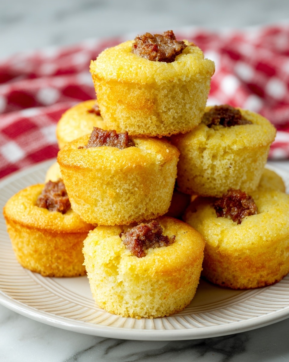 A stack of small yellow cornbread muffins with a piece of cooked sausage pressed into the center of each muffin is arranged on a white plate with a ridged edge. The muffins have a soft, porous texture and a golden-brown bottom that shows slight crispiness. The background features a red and white checkered cloth on top of a white marbled surface. The muffins are piled casually, showing their rounded tops and slightly wider bases. photo taken with an iphone --ar 4:5 --v 7