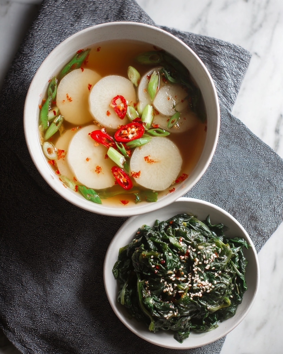 The image shows a white bowl filled with clear liquid, containing several thick white radish slices, bright orange carrot slices, and green onion pieces floating on the surface, arranged evenly. Around the bowl are small white bowls holding different foods: one with shredded vegetables in light brown sauce, one with dark green leafy vegetables, one with light brown fried tofu strips, and a partially visible bowl with dark grilled meat topped with green onion slices. All bowls are placed on a grey cloth on a white marbled surface with some fresh green onions partly visible next to the main bowl. Photo taken with an iphone --ar 4:5 --v 7