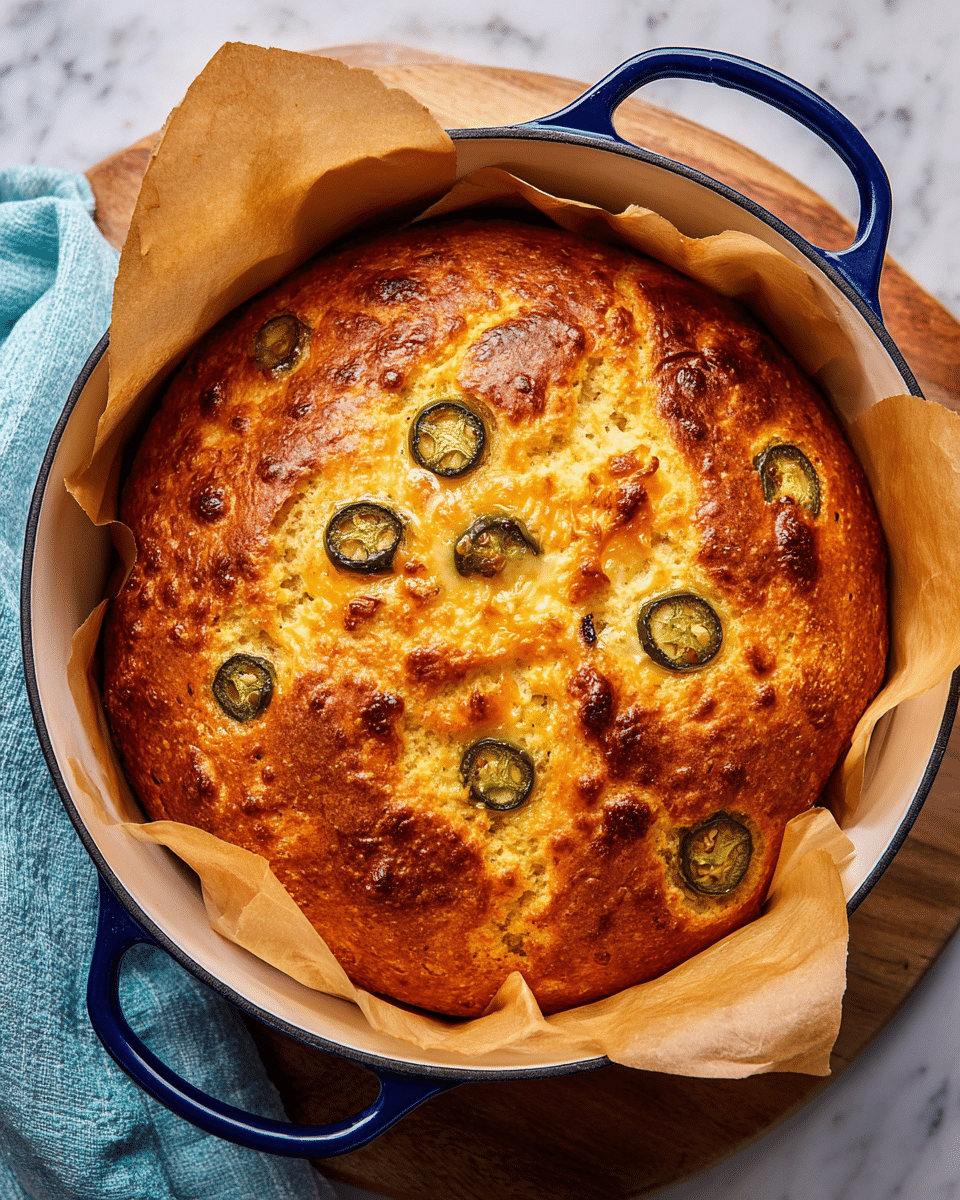 A round, golden-brown baked cornbread with a slightly rough and crispy top layer filled with melted cheese spots and sliced green jalapeño peppers embedded on the surface, all sitting in a white enamel Dutch oven lined with beige parchment paper. The bread has a puffy, uneven texture with cracks and cheese bubbles visible, and the Dutch oven handles show blue enamel. The pot rests on a wooden board, and a light blue cloth is partly visible on the white marbled texture surface underneath. photo taken with an iphone --ar 4:5 --v 7