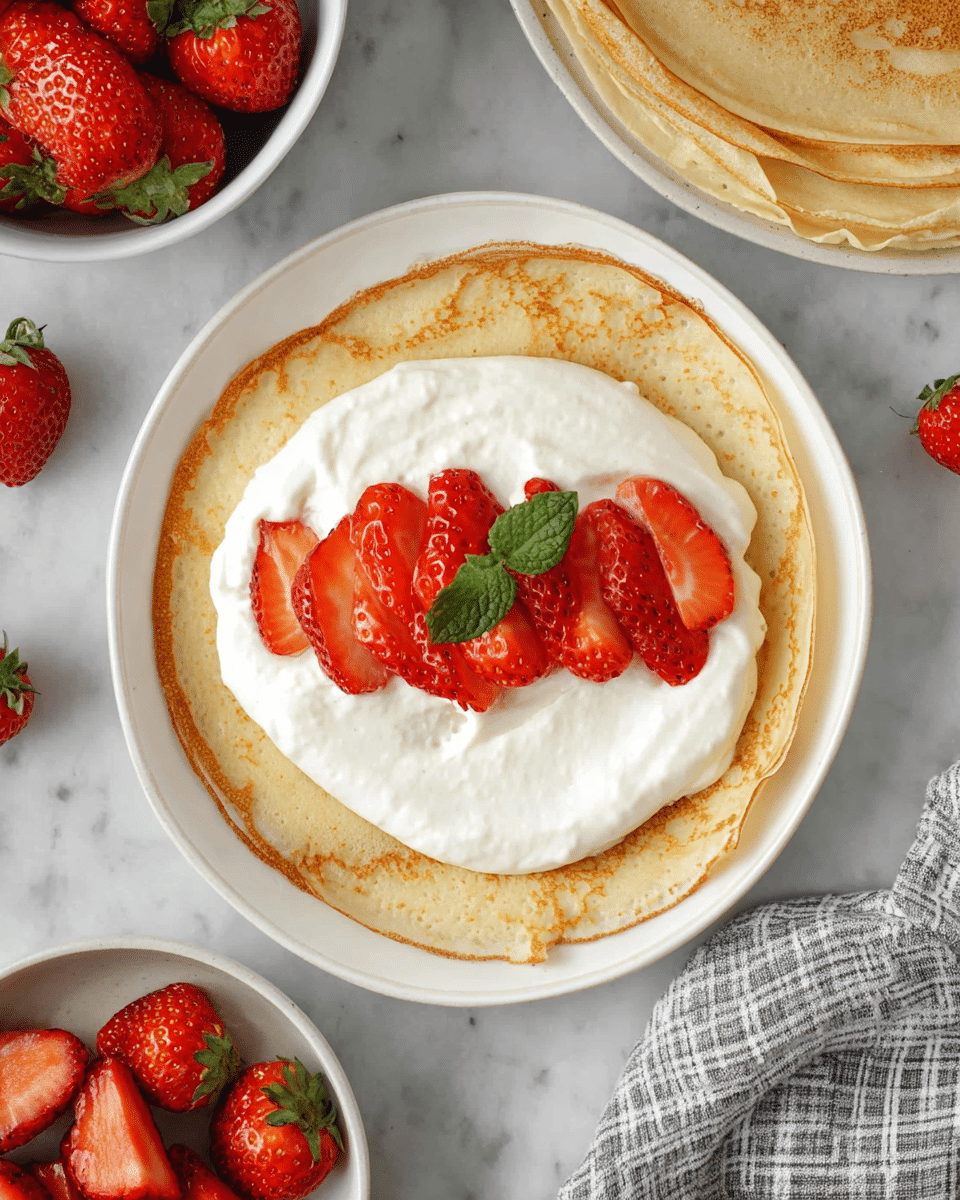 A bowl filled with smooth, creamy white yogurt sits on a piece of white parchment paper over a white marbled surface, with a silver spoon partially dipped into the yogurt on the right side of the bowl. To the top left, there is a white bowl filled with fresh, bright red sliced strawberries and a whole strawberry cut in half rests beside it. In the top right corner, part of a lightly browned pancake can be seen, and the bottom left corner shows a white plate with another pancake topped with a dollop of yogurt. A halved strawberry lies near the bottom center of the frame, sitting on the white marbled surface. Photo taken with an iphone --ar 4:5 --v 7