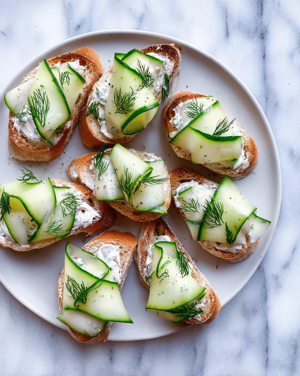 A white plate holds eight small pieces of toasted bread, each topped with a creamy white spread. On top of the spread, thin, wide ribbons of light green cucumber with dark green edges are neatly placed, slightly folded to create volume. Small sprigs of fresh green dill are scattered over each piece, adding a delicate touch. The bread slices are golden brown with some darker toasted edges. The background is a white marbled texture. photo taken with an iphone --ar 4:5 --v 7