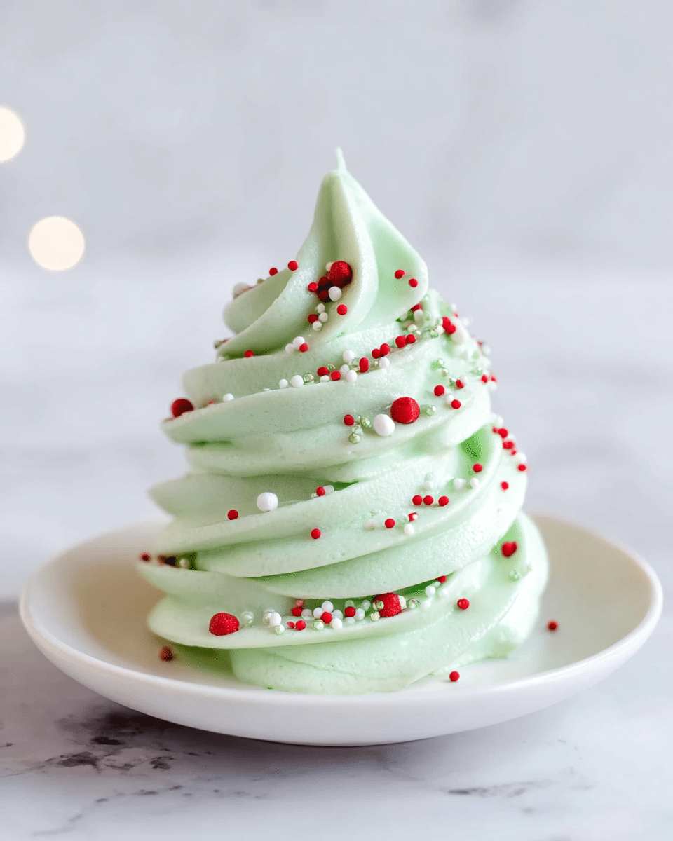 The image shows a single tall swirl of light green frosting with a smooth and creamy texture, rising in a spiral with about three visible layers. Small colorful sprinkles decorate the frosting, with red, white, and green round and rod shapes scattered evenly around the surface. The frosting sits on a plain white plate, placed on a white marbled surface. Soft white round light spots can be seen blurred in the background. photo taken with an iphone --ar 4:5 --v 7
