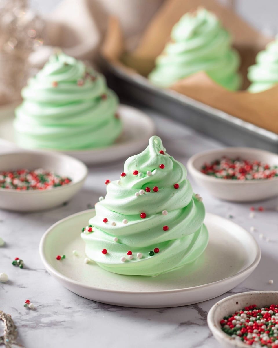 A swirl-shaped bright green meringue cookie sits in the center of a white plate, with three layers of thick, smooth, and glossy piped meringue forming a conical shape. The meringue is decorated with small round and rod sprinkles in red, white, and green, sprinkled evenly on top and around the swirls. In the background, there is another identical meringue on a white plate, and another one in a metal tray lined with brown parchment paper. Around the plate are small bowls filled with colorful sprinkles on a white marbled surface. The lighting is soft and natural, giving the meringue a fresh, fluffy look. Photo taken with an iphone --ar 4:5 --v 7