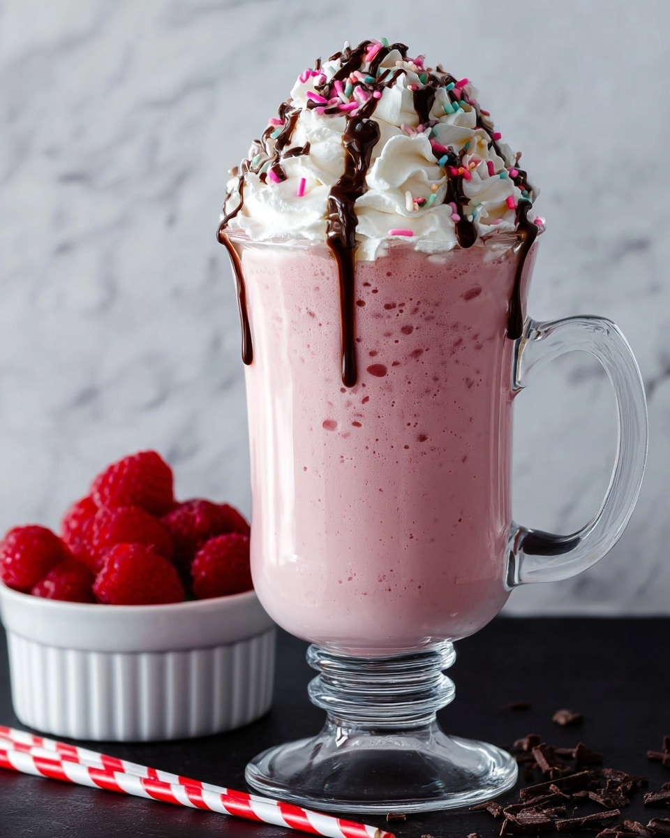 A tall clear glass mug filled with a thick pink milkshake, topped with a large swirl of white whipped cream, drizzled with dark brown chocolate sauce, and sprinkled with colorful tiny round sprinkles and small chocolate shavings. The milkshake has a smooth texture with some small specks visible inside. The mug sits on a flat surface with two red and white striped straws lying next to it. To the left, there is a white bowl filled with fresh red raspberries. The background is a white marbled texture. photo taken with an iphone --ar 4:5 --v 7