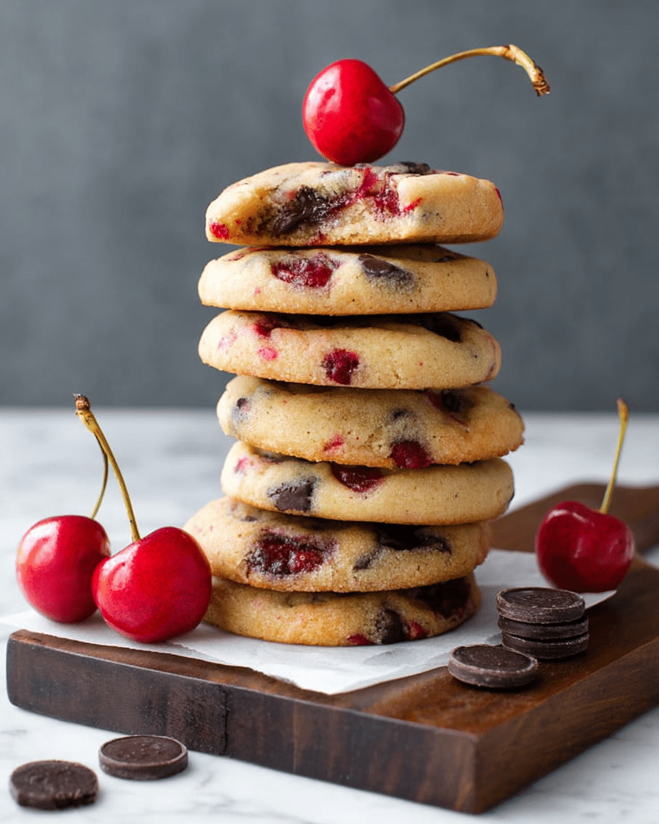 A stack of seven round cookies with visible red cherry pieces and dark chocolate chunks is placed on a piece of white paper on a dark wooden board, set on a white marbled texture surface. Each cookie shows a light golden brown color with a slightly soft texture, dotted evenly with red and dark spots. Two bright red cherries with stems adorn the top cookie and rest beside the stack, with a few dark chocolate buttons scattered around the board. The background is a simple gray wall. photo taken with an iphone --ar 4:5 --v 7