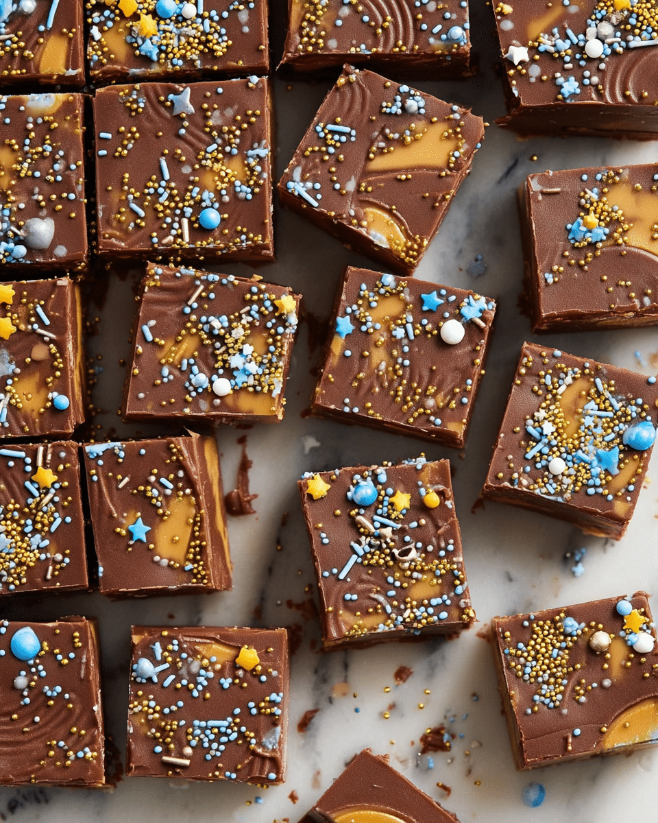 The image shows many small square pieces of chocolate fudge arranged close together on a white marbled surface. Each piece has a top layer of smooth milk chocolate, decorated with colorful sprinkles in yellow, blue, white, and gold, including small round balls, stars, and thin sticks. Some squares have a half-circle of a darker chocolate imprint on top, adding texture and pattern. The fudge pieces have clean, sharp edges, and a few pieces are scattered slightly apart with some crumbs and sprinkles around them. photo taken with an iphone --ar 4:5 --v 7