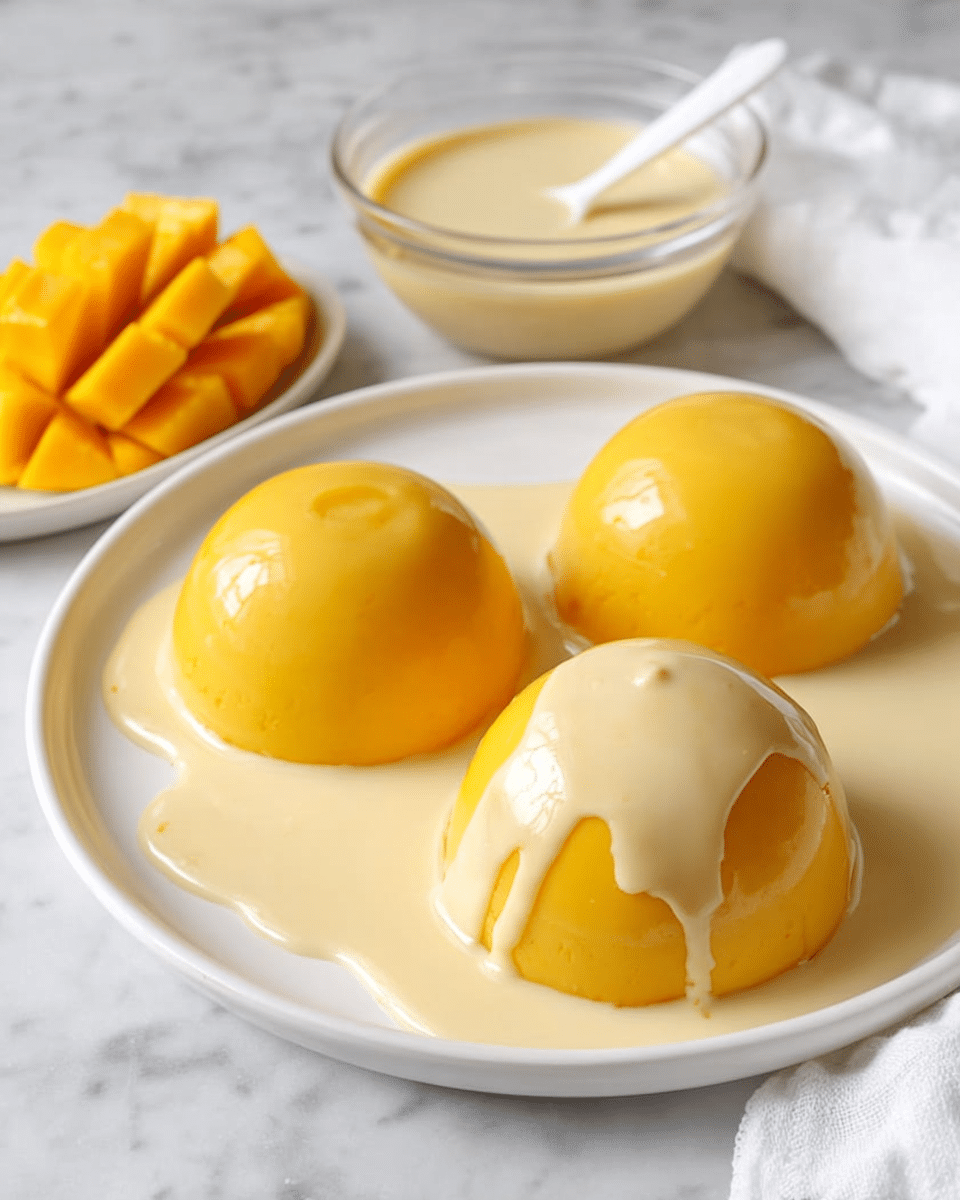 Three dome-shaped yellow mango puddings sit on a white plate, each smooth and glossy with a light cream sauce drizzled over the top and pooling around their base. The puddings have a consistent yellow color and a soft, gelatinous texture. In the background, there is a small glass bowl with more cream sauce and a white spoon inside, and to the side, there are pieces of sliced mango arranged neatly. The entire setup rests on a white marbled surface with a white cloth partially visible in the corner. photo taken with an iphone --ar 4:5 --v 7