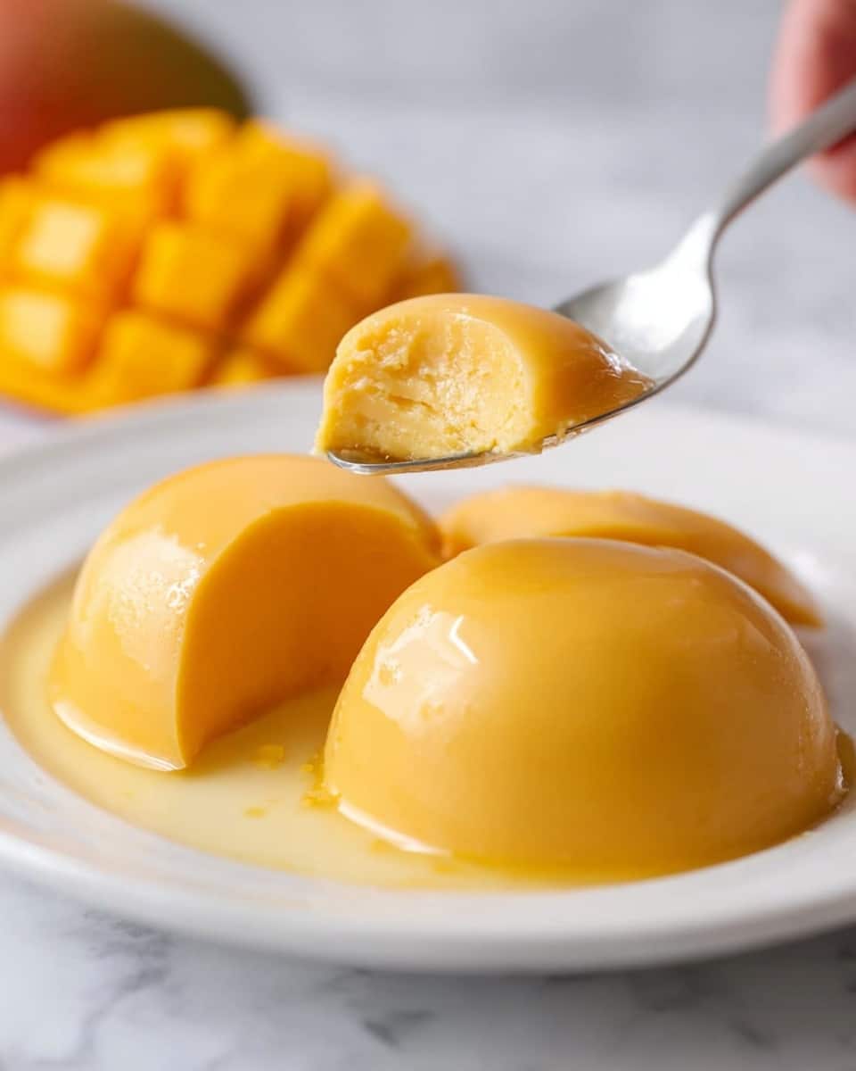 A white plate sits on a white marbled surface, holding three soft, dome-shaped mango puddings with a smooth, glossy yellow surface. One pudding is cut open, showing a firm, creamy inner texture of a lighter yellow shade that contrasts with the shiny outer layer. A silver spoon, held by a woman's hand, lifts a piece of pudding displaying its dense yet slightly jiggly consistency, with a little light reflection on the glossy finish. A blurred mango with a grid pattern is visible in the background, adding a fresh touch to the scene. Photo taken with an iphone --ar 4:5 --v 7